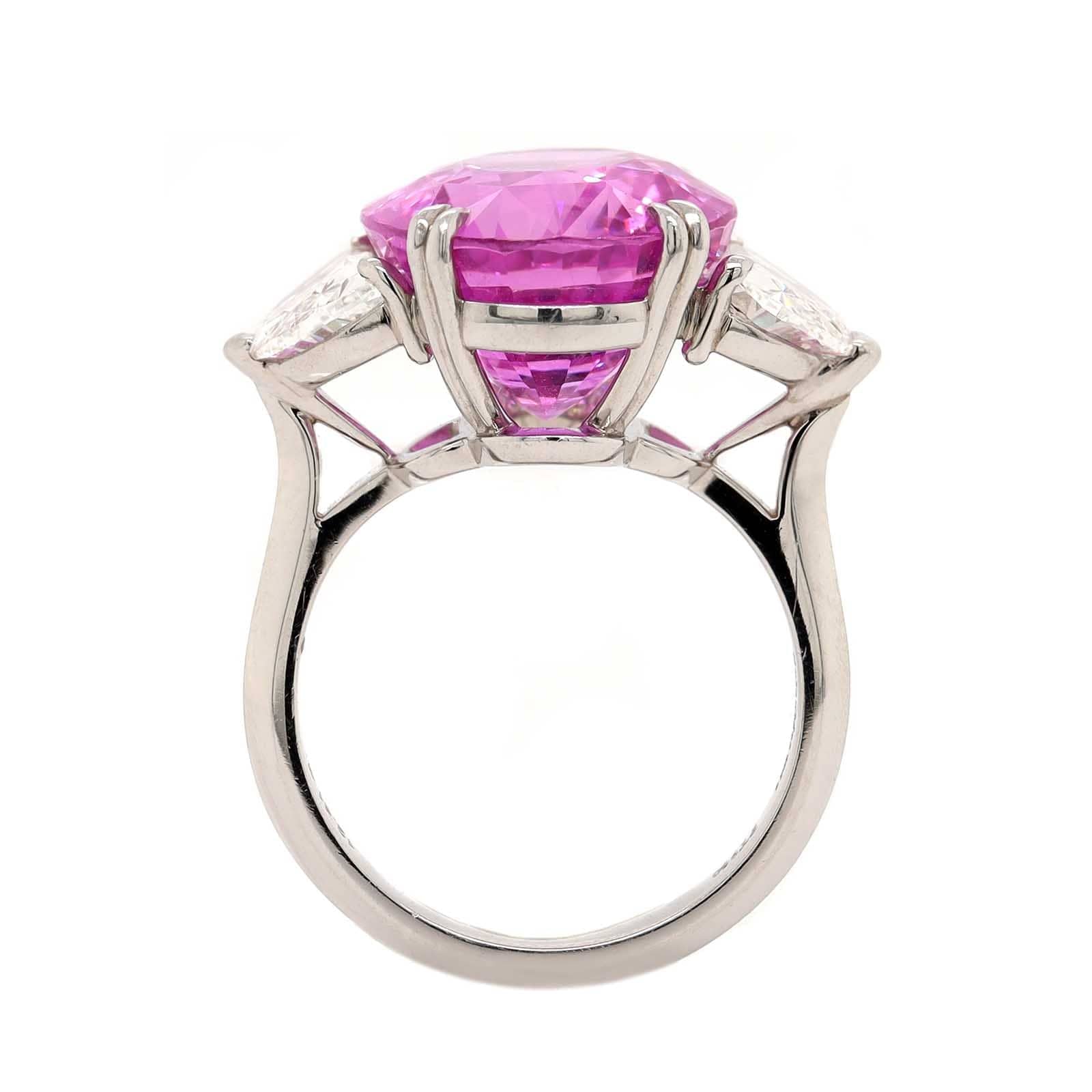 Platinum Three Stone Oval Shaped Pink Sapphire and Diamond Ring - Image 3