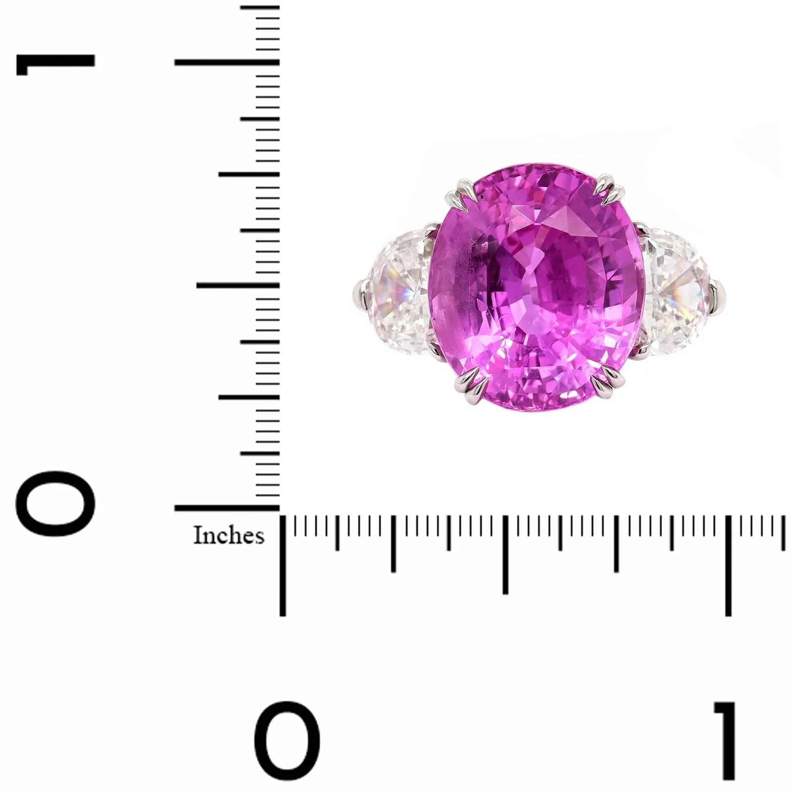 Platinum Three Stone Oval Shaped Pink Sapphire and Diamond Ring - Image 4