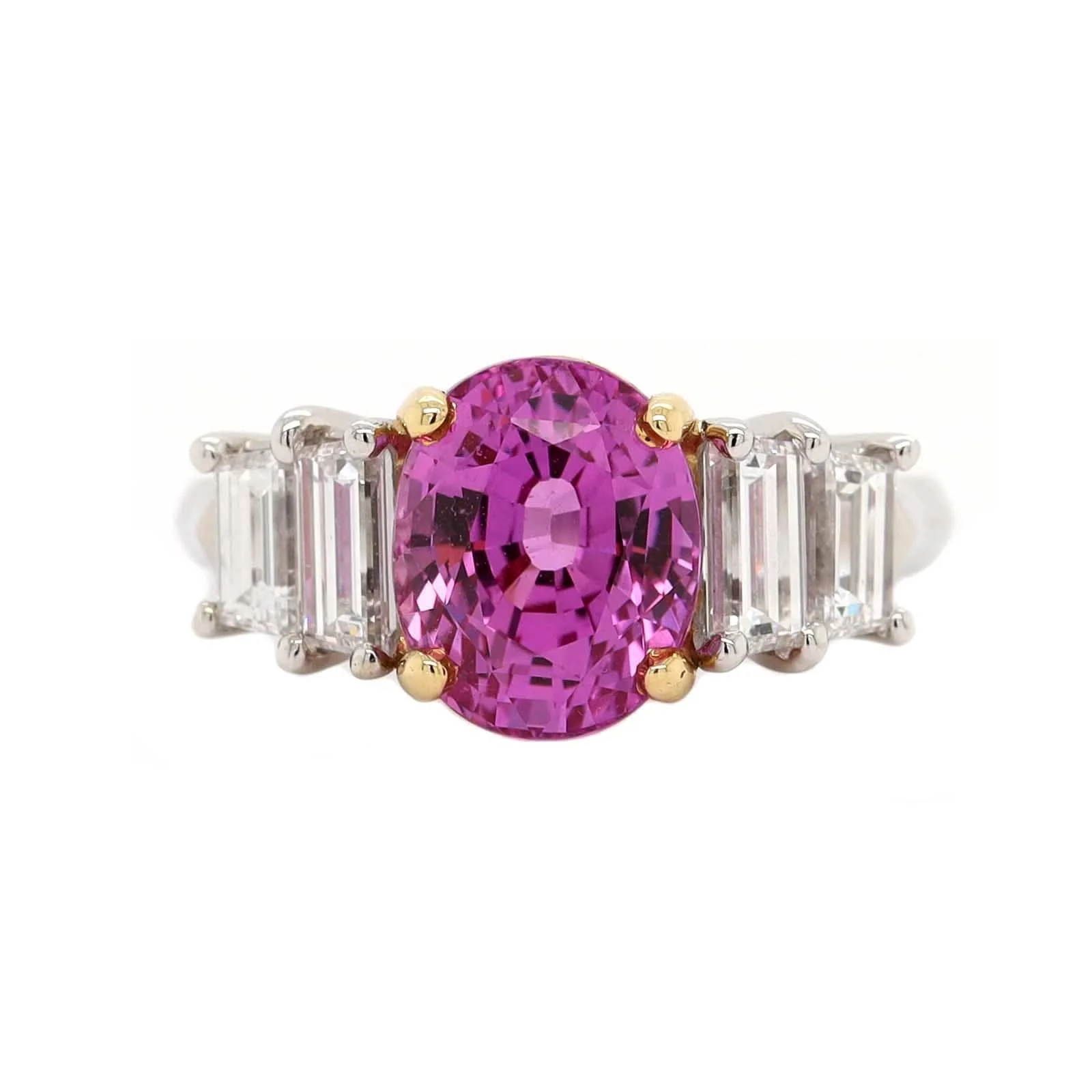 Platinum Three Stone Oval Shaped Pink Sapphire and Diamond Ring