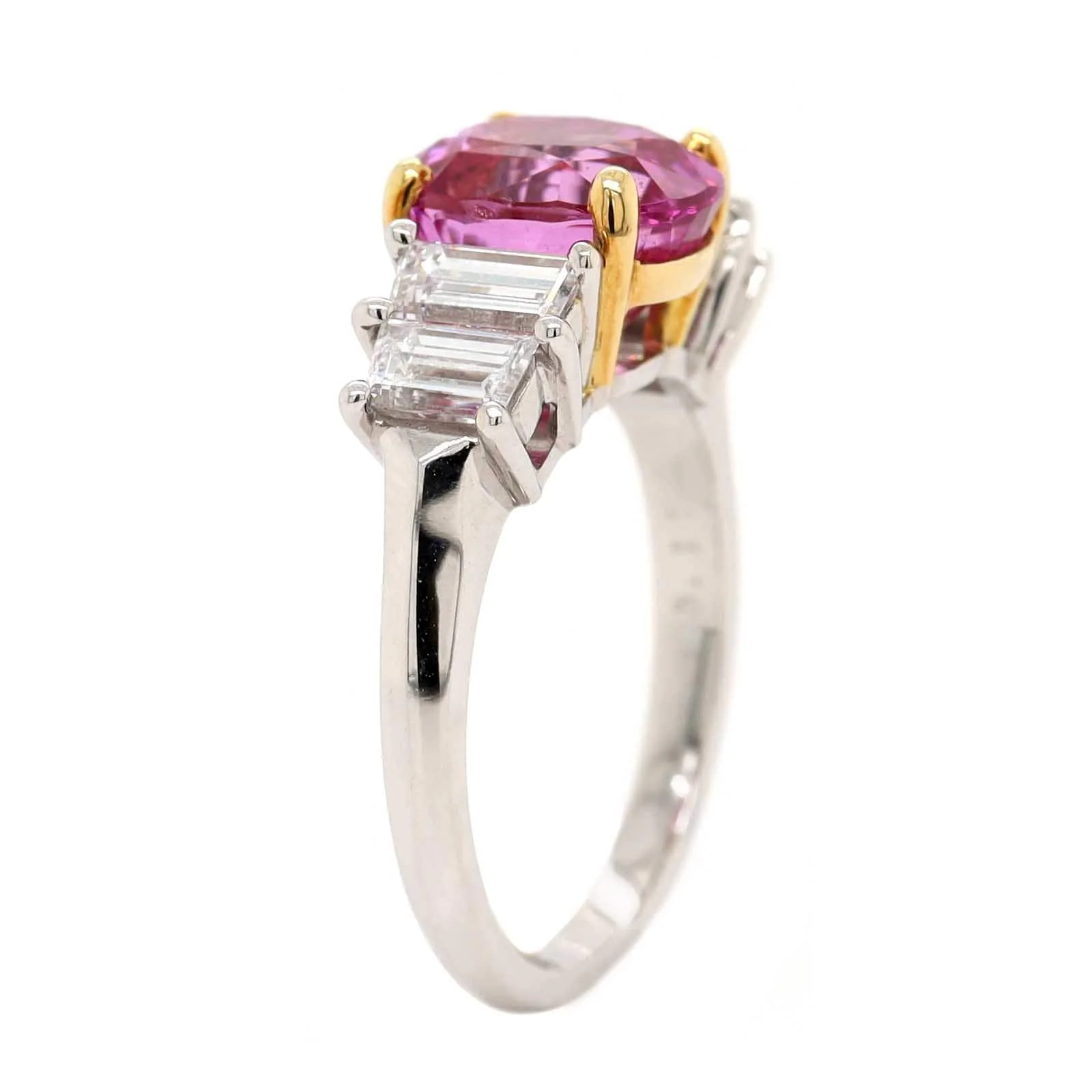 Platinum Three Stone Oval Shaped Pink Sapphire and Diamond Ring - Image 2