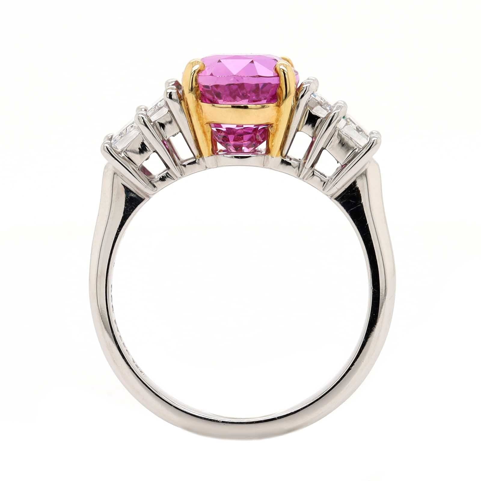 Platinum Three Stone Oval Shaped Pink Sapphire and Diamond Ring - Image 3