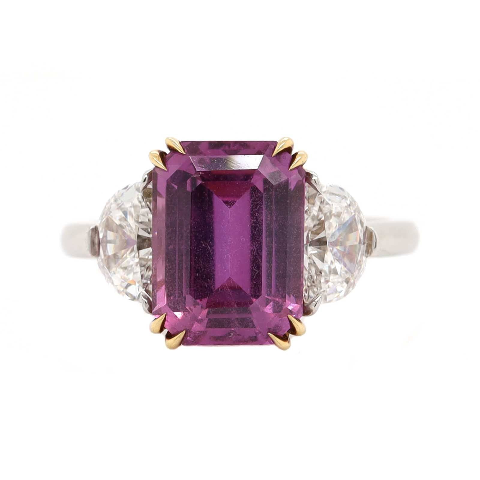 Platinum Three Stone Emerald Shaped Pink Sapphire and Diamond Ring