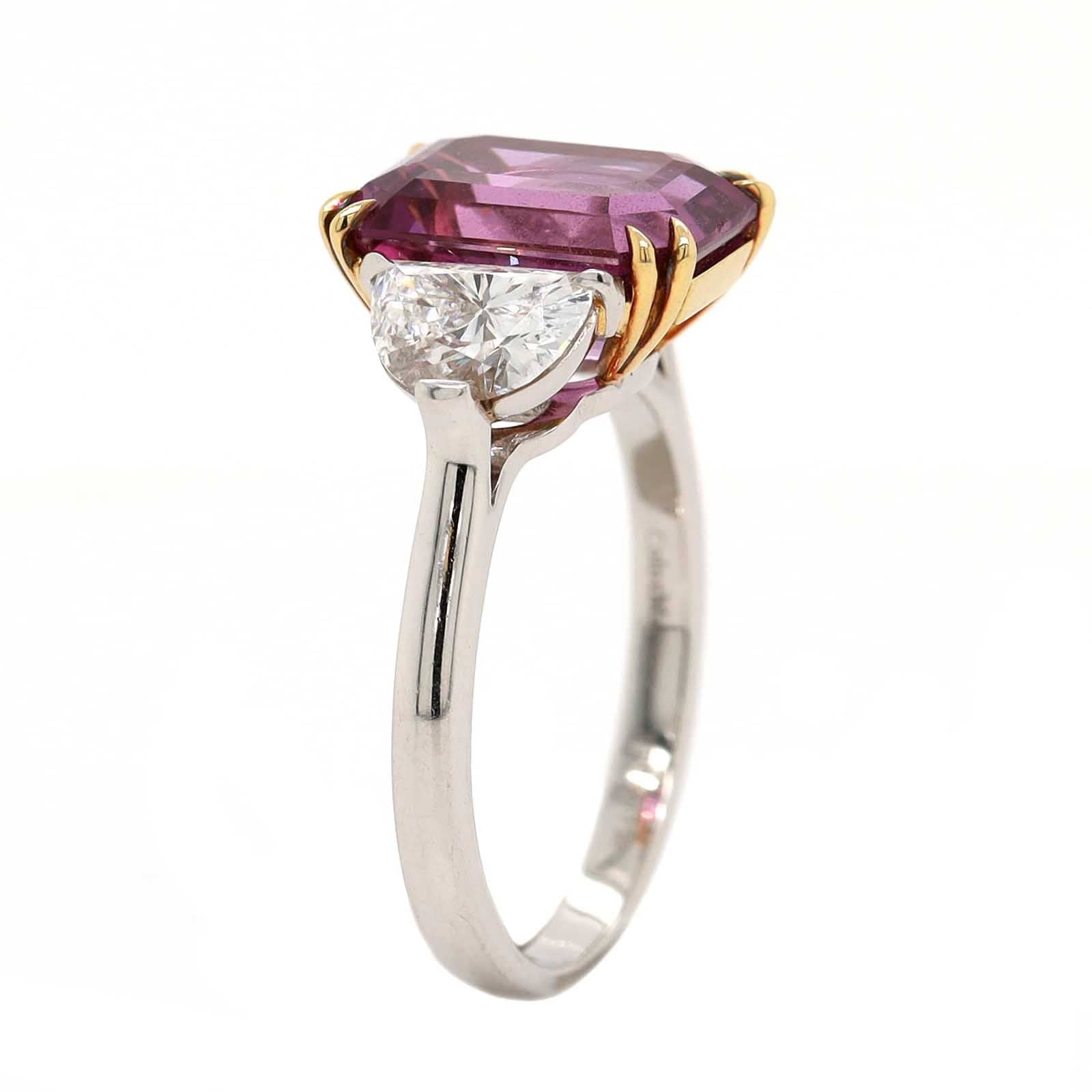 Platinum Three Stone Emerald Shaped Pink Sapphire and Diamond Ring - Image 2