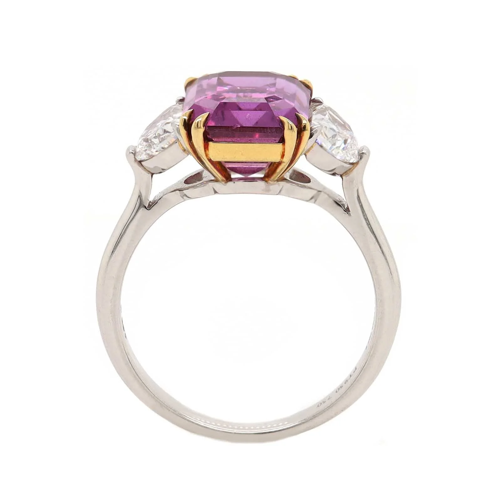Platinum Three Stone Emerald Shaped Pink Sapphire and Diamond Ring - Image 3