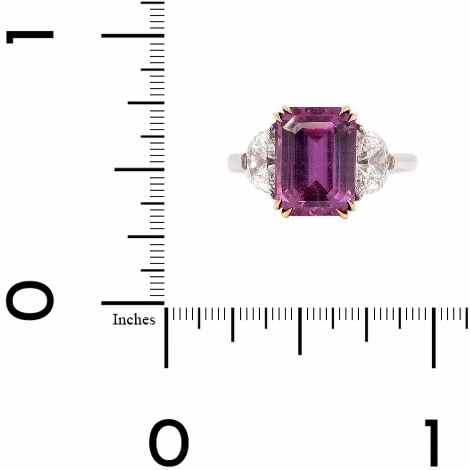 Platinum Three Stone Emerald Shaped Pink Sapphire and Diamond Ring - Image 4