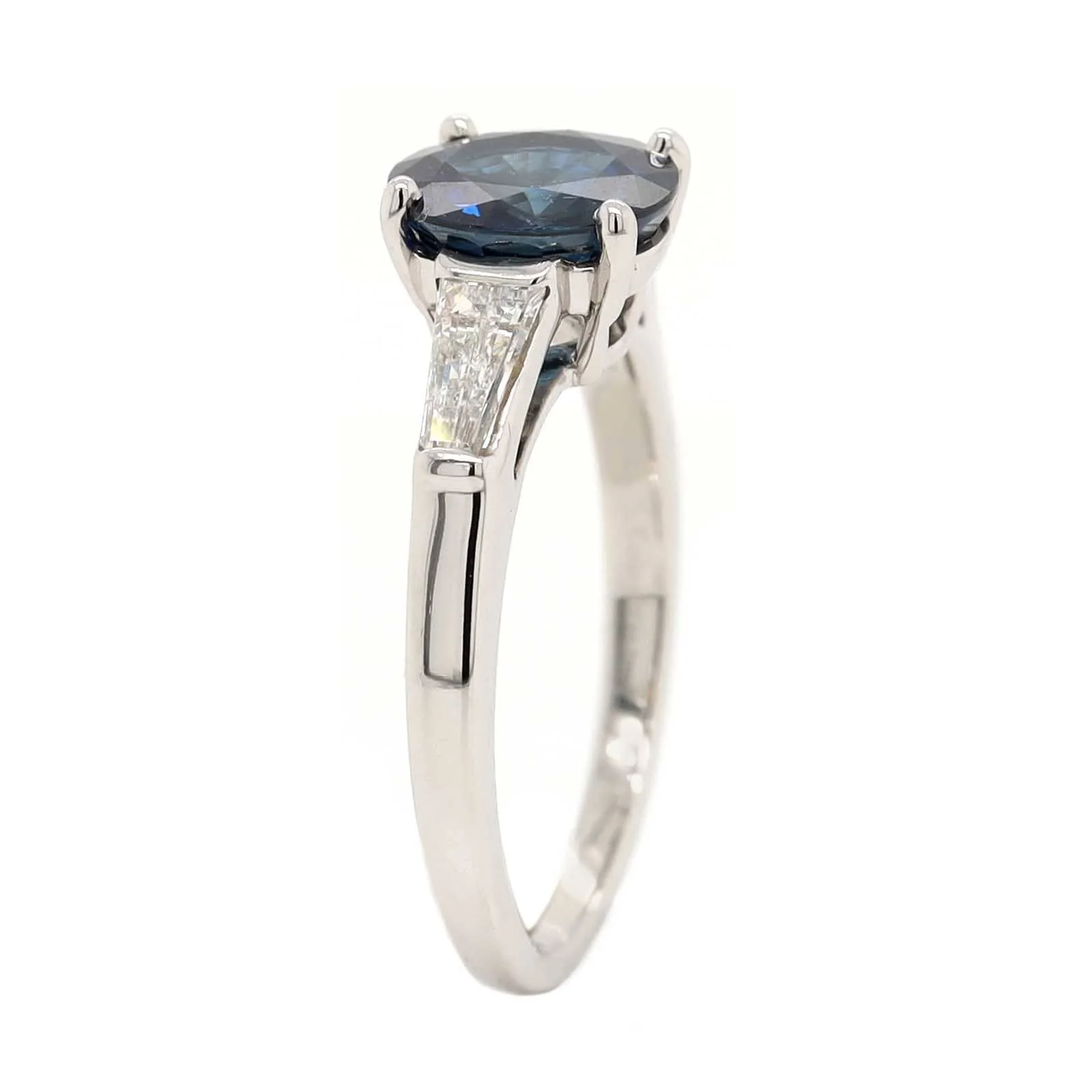 Platinum Three Stone Round Blue Sapphire and Diamond Ring - Image 2