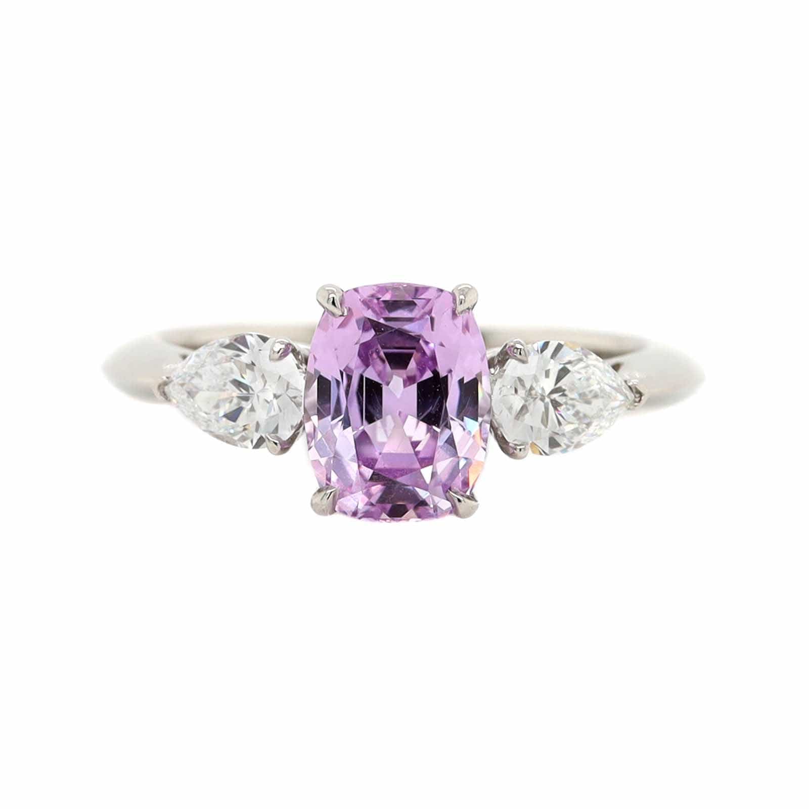 Platinum Three Stone Cushion Cut Lavender Sapphire and Diamond Ring