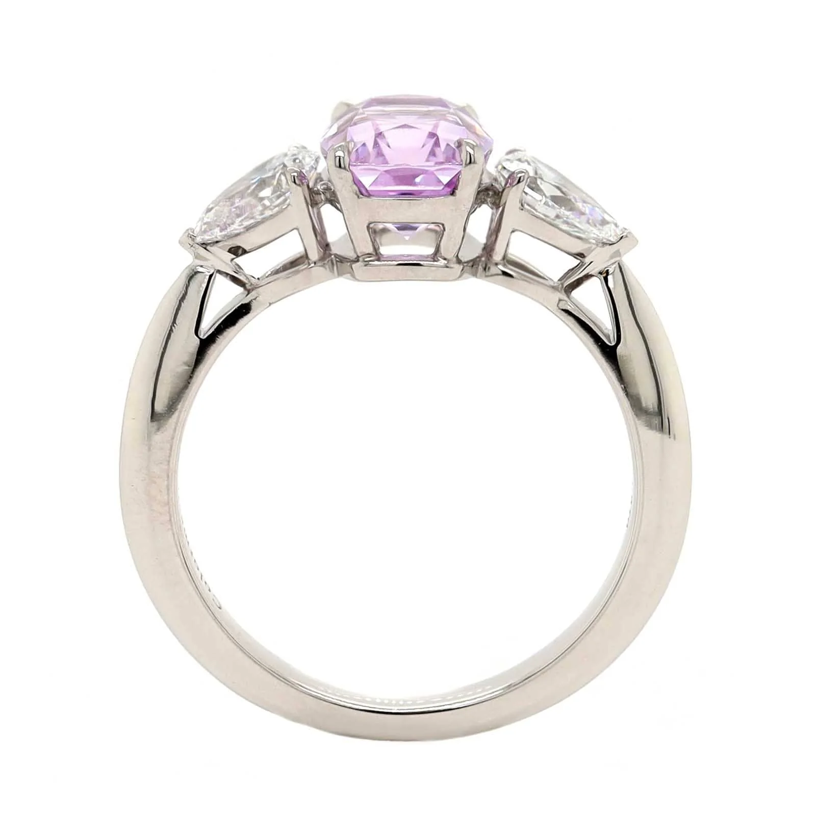 Platinum Three Stone Cushion Cut Lavender Sapphire and Diamond Ring - Image 3