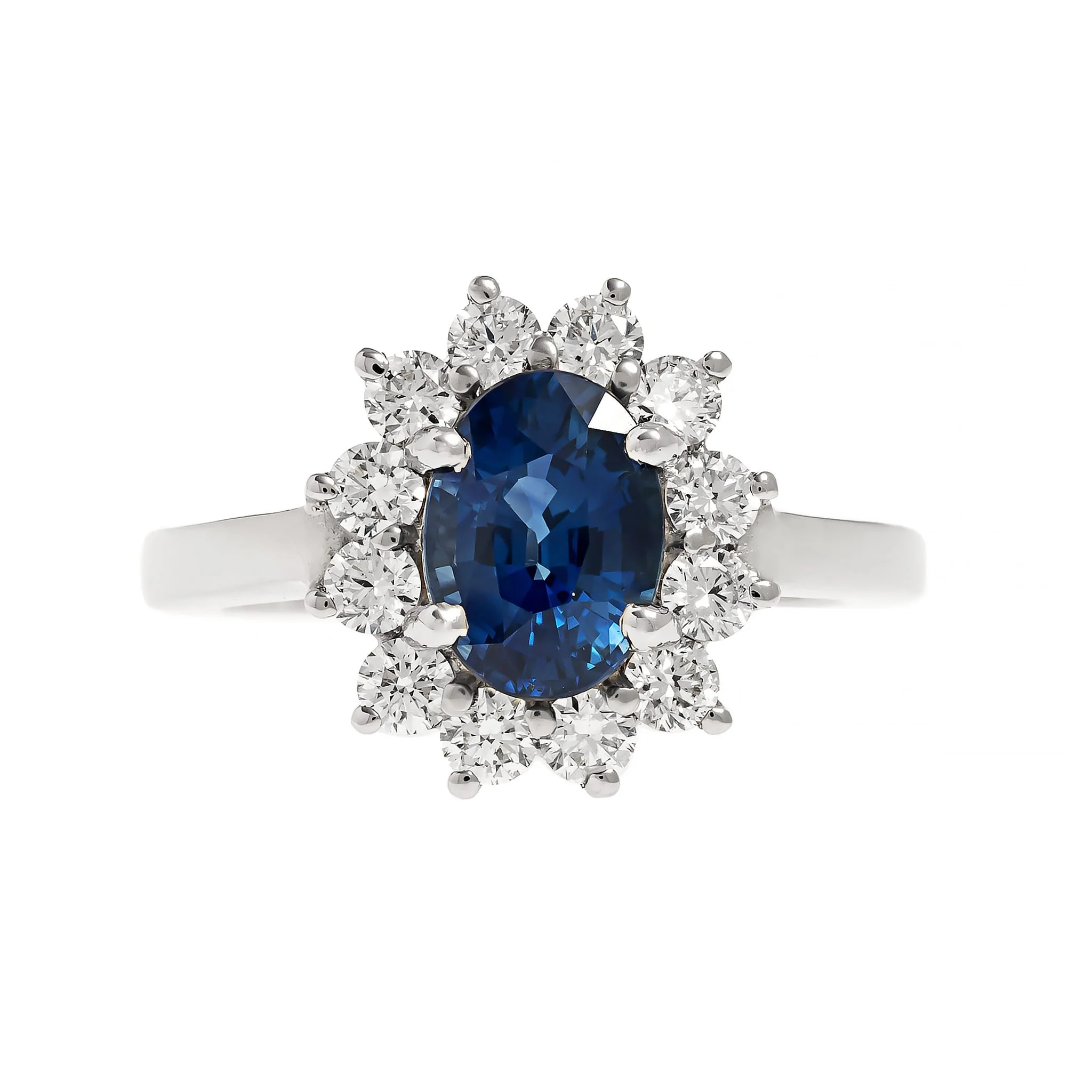 Platinum Oval Blue Sapphire and Diamond Halo Ring