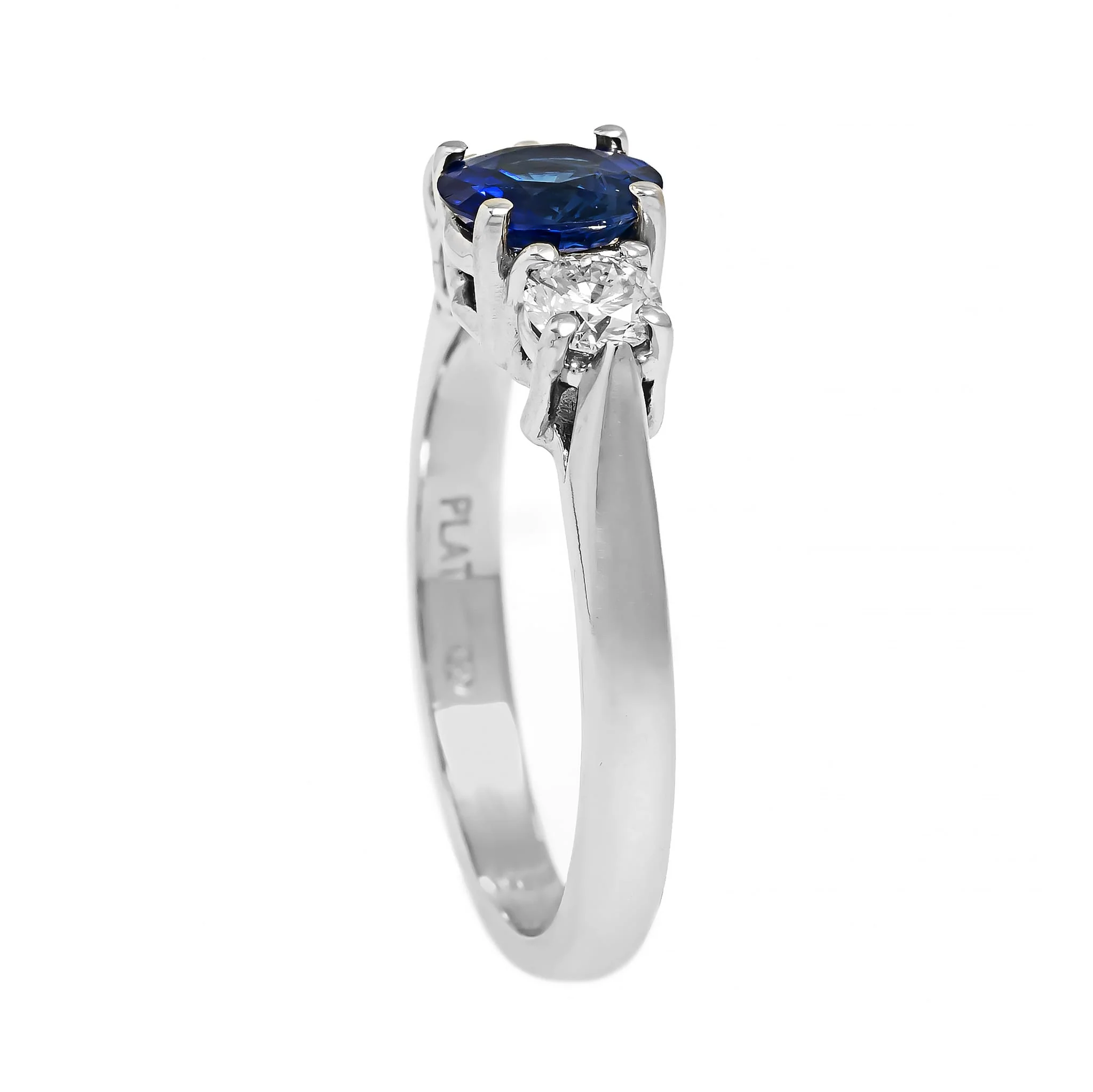 Platinum Three Stone Round Blue Sapphire and Diamond Ring - Image 2
