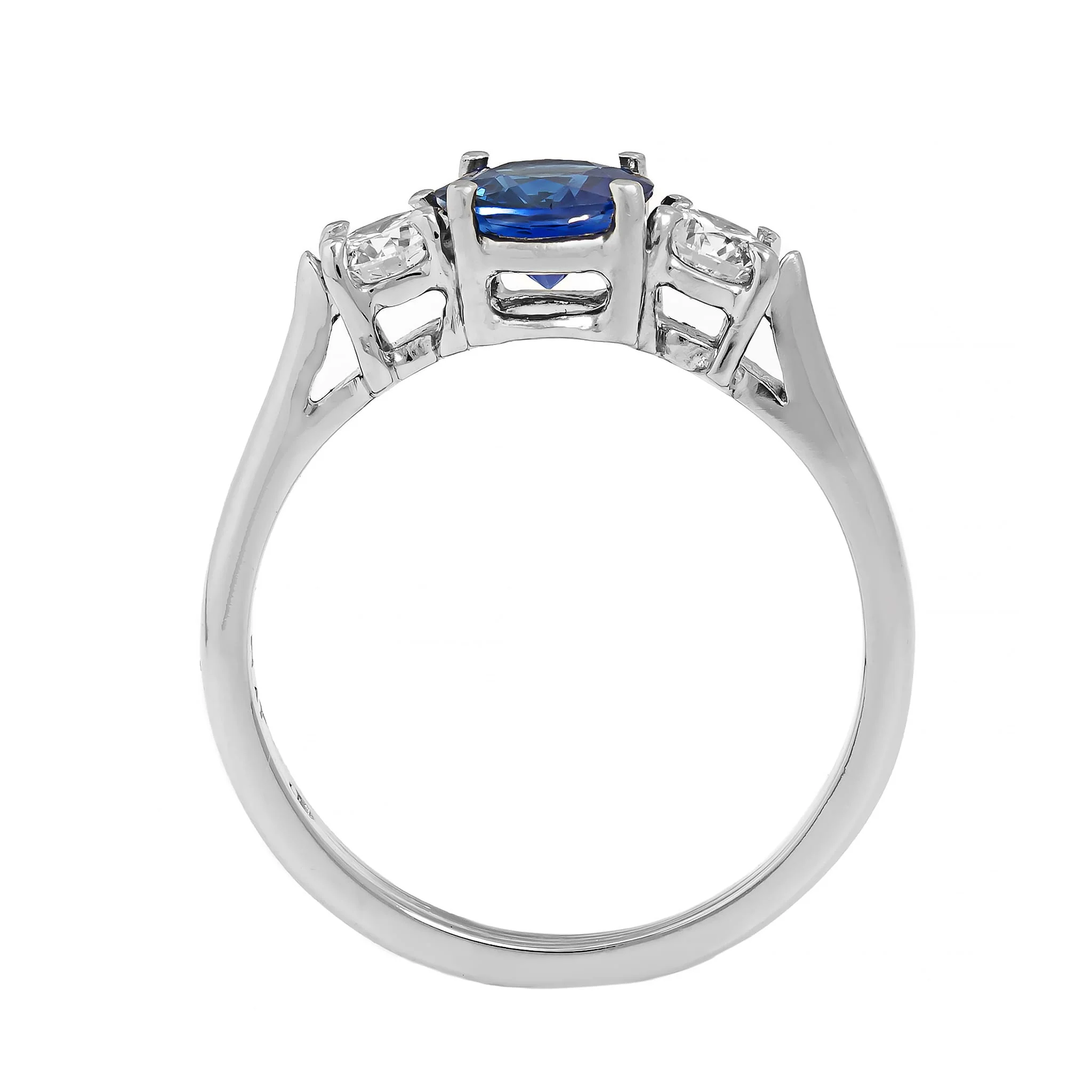 Platinum Three Stone Round Blue Sapphire and Diamond Ring - Image 3