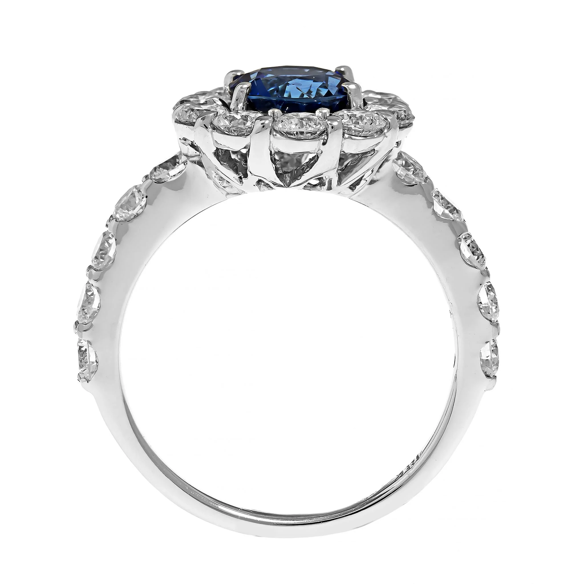 18K White Gold Round Blue Sapphire and Diamond Halo Ring - Image 3
