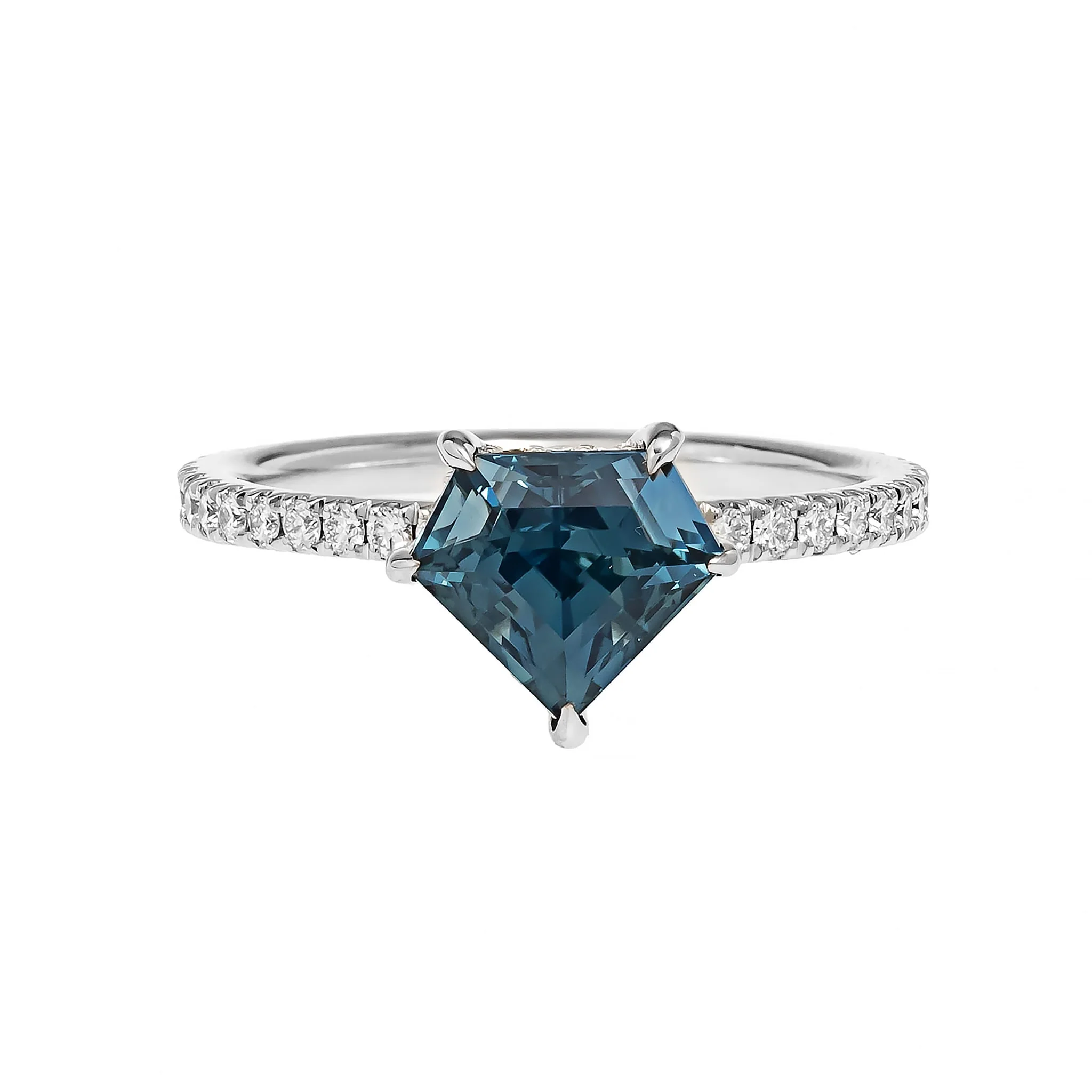 Platinum Shield Shaped Teal Sapphire and Diamond Ring