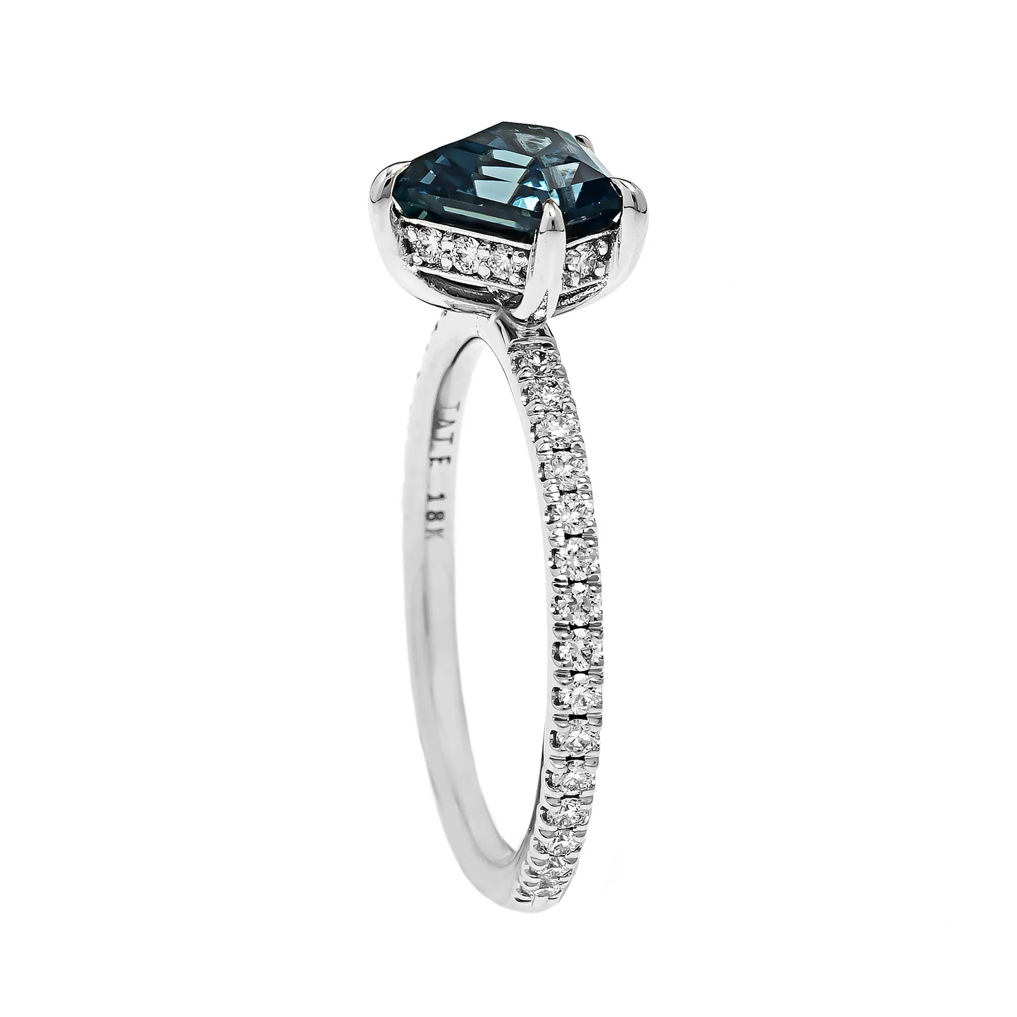 Platinum Shield Shaped Teal Sapphire and Diamond Ring - Image 2
