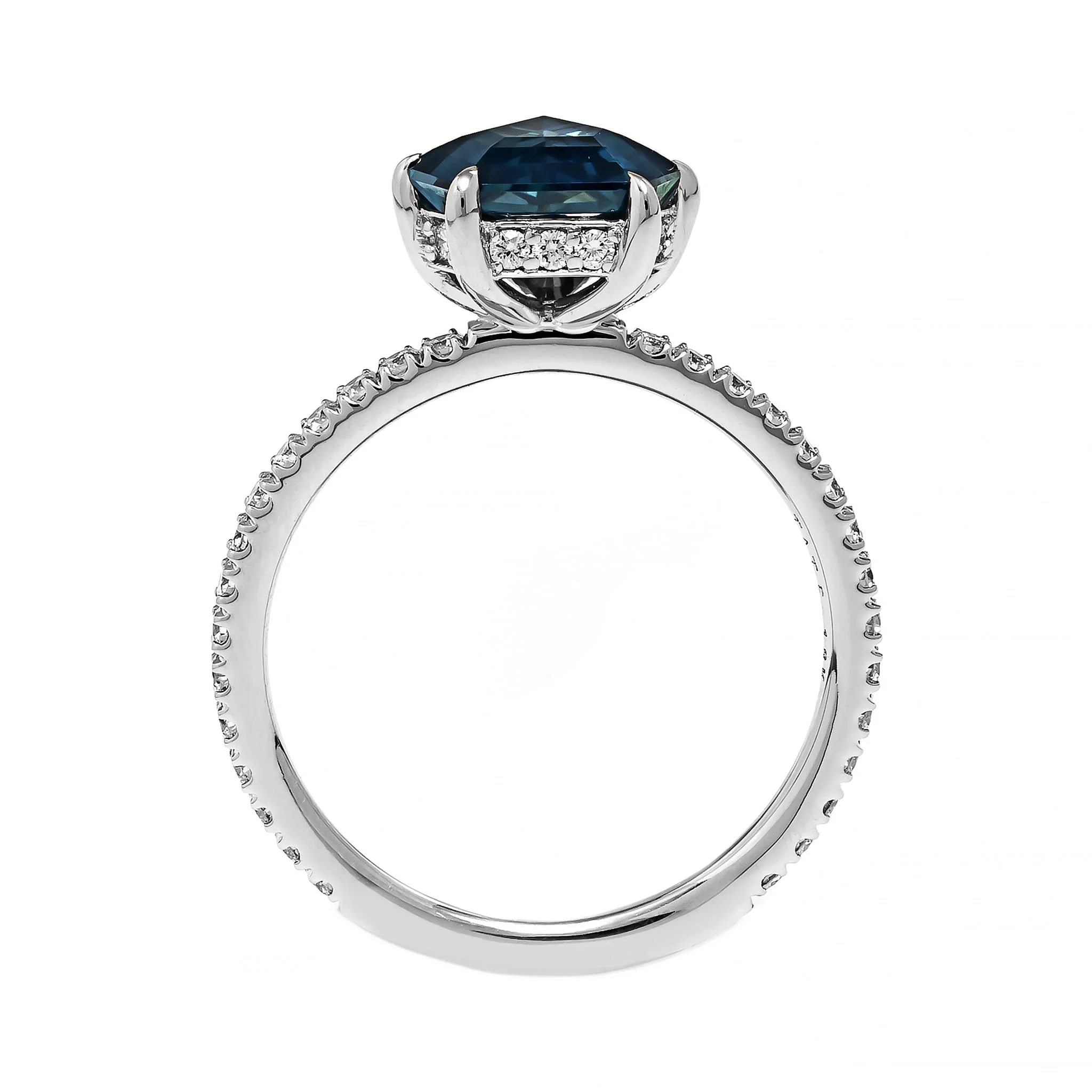 Platinum Shield Shaped Teal Sapphire and Diamond Ring - Image 3