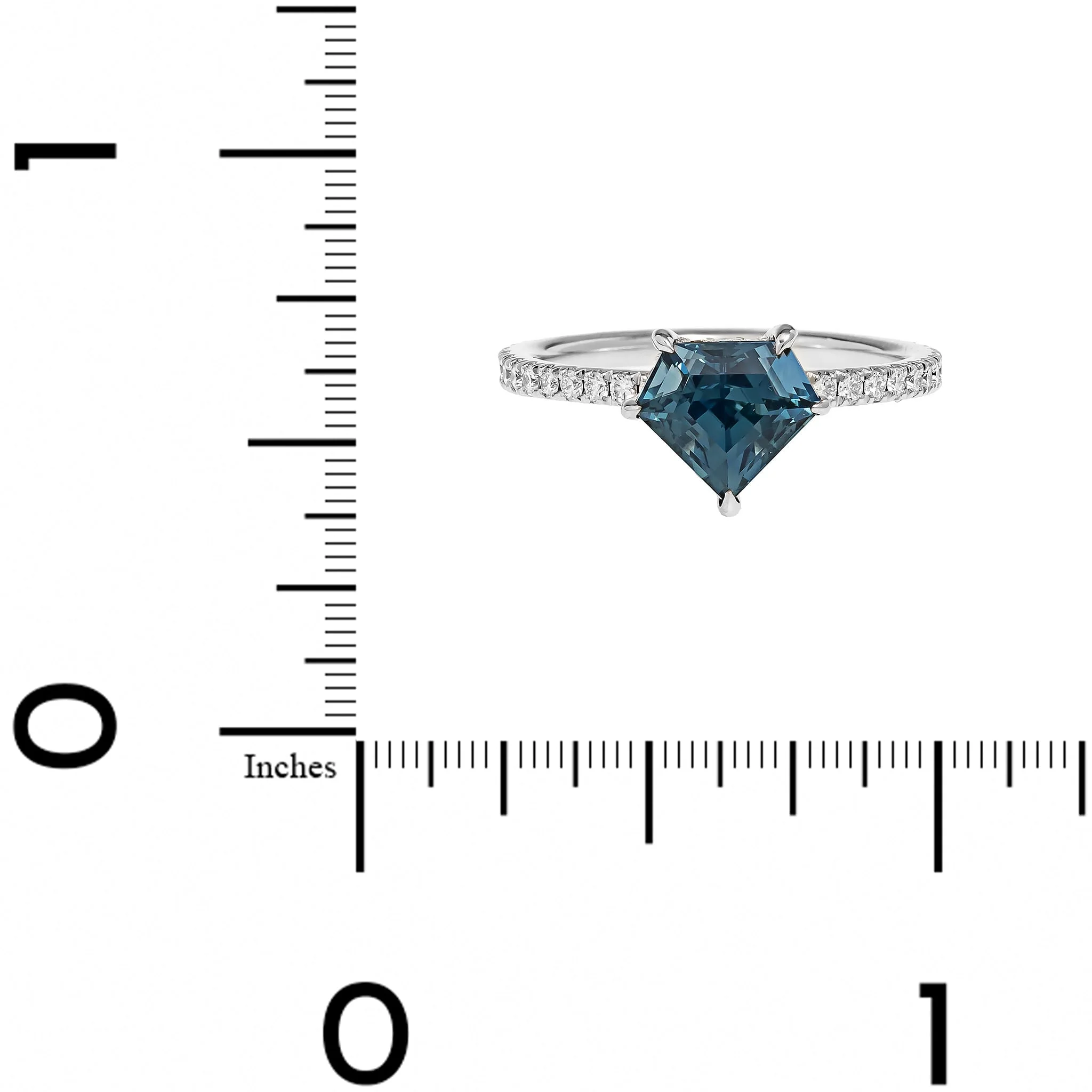 Platinum Shield Shaped Teal Sapphire and Diamond Ring - Image 4