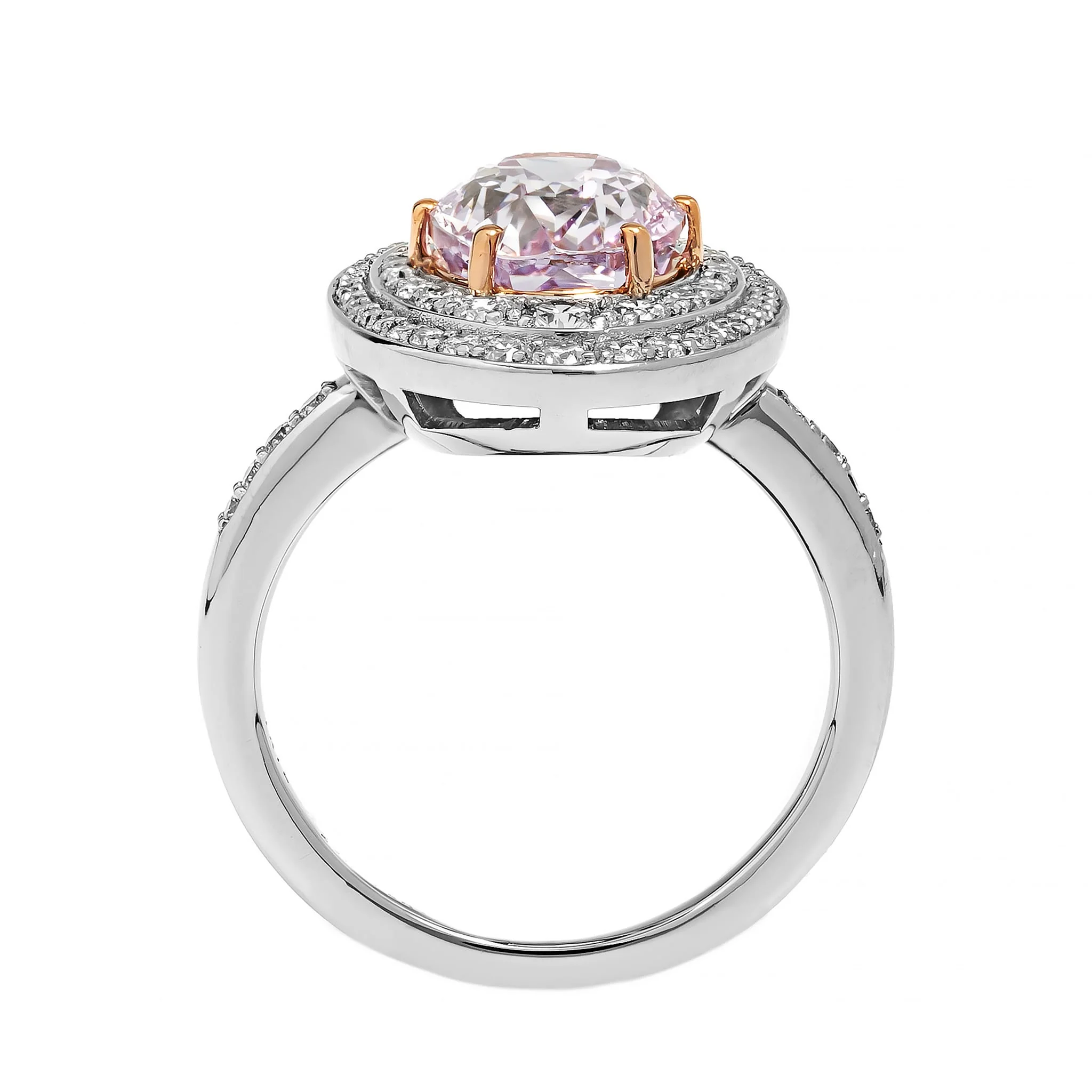Platinum Oval Pink Sapphire and Double Diamond Halo Ring - Image 3