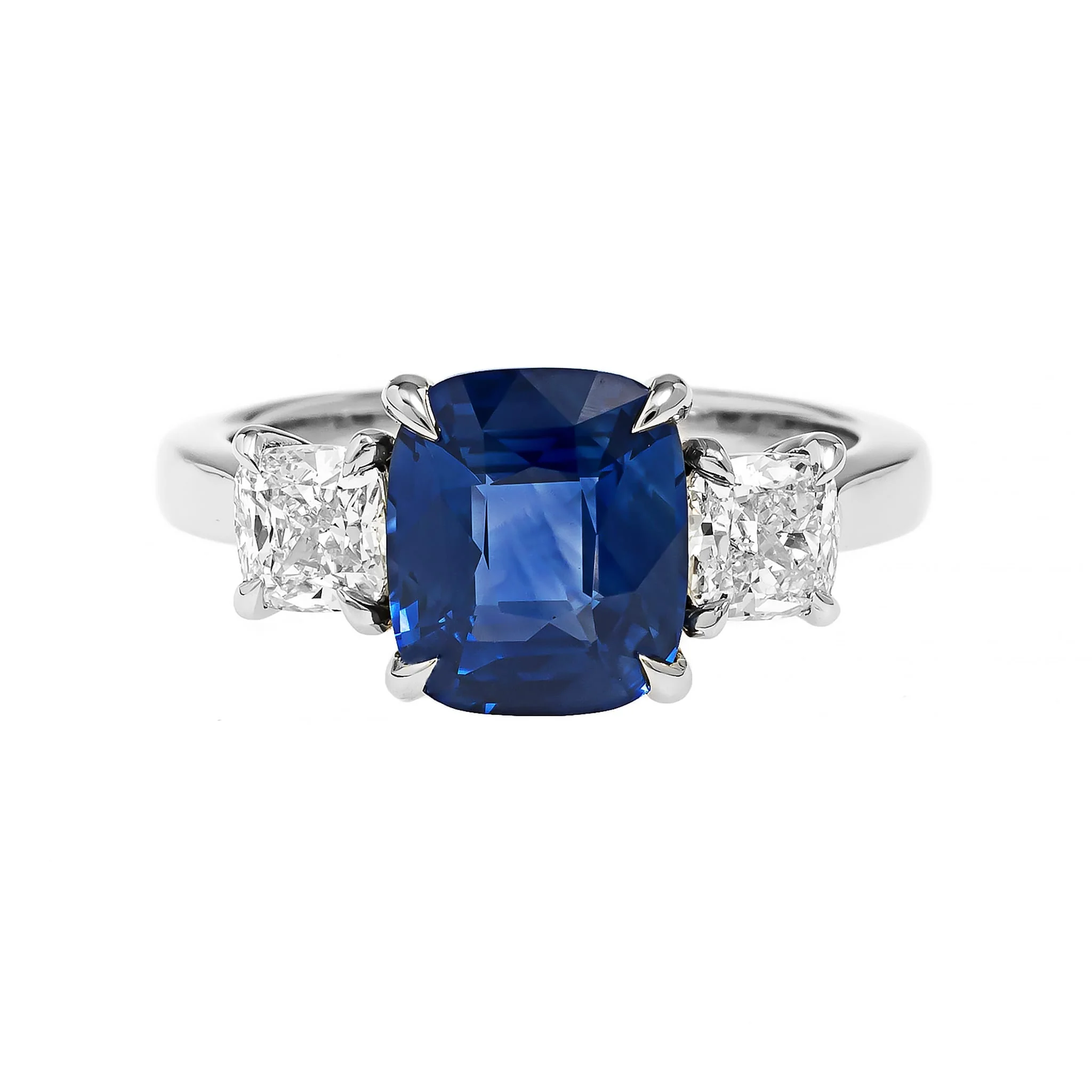 Platinum Three Stone Cushion Shaped Sapphire and Diamond Ring