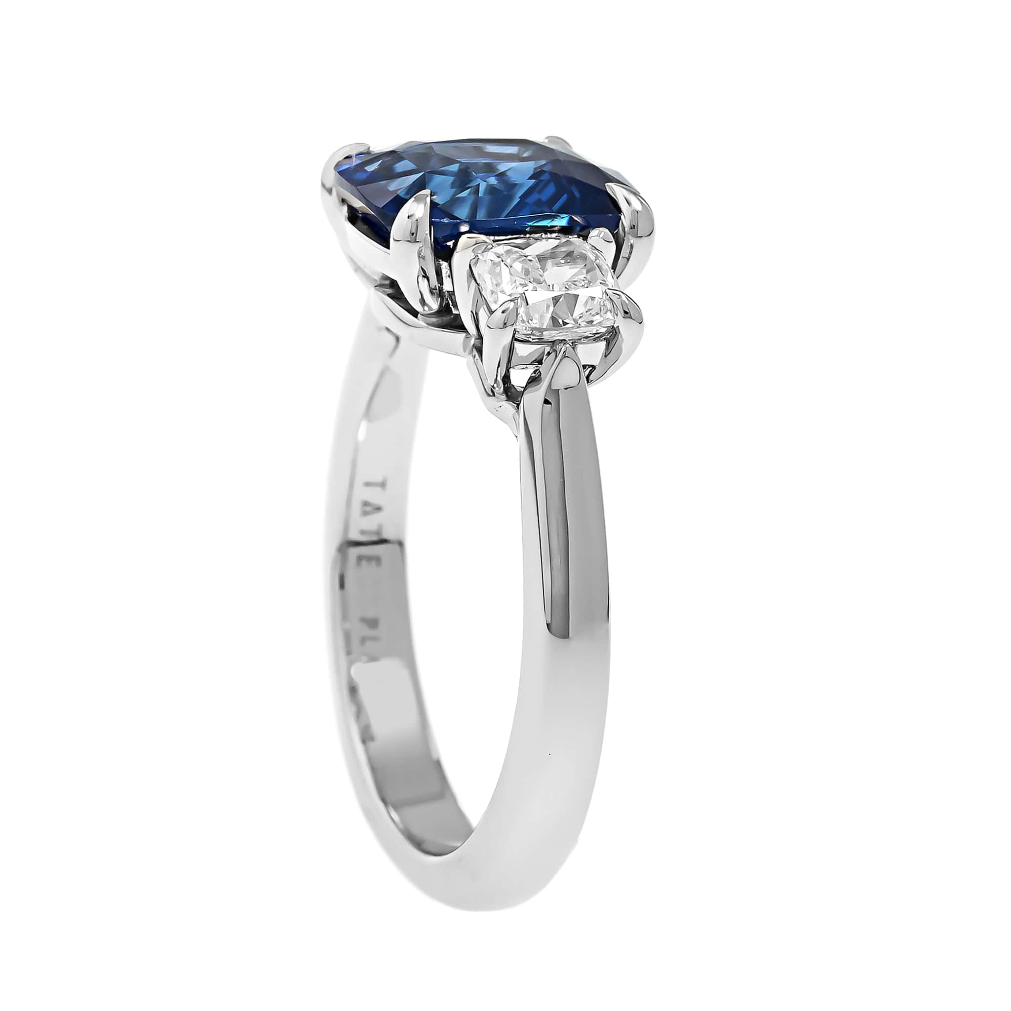 Platinum Three Stone Cushion Shaped Sapphire and Diamond Ring - Image 2