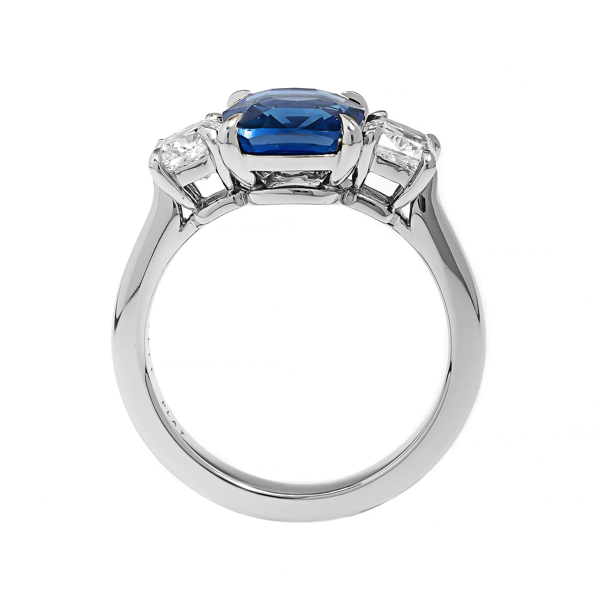 Platinum Three Stone Cushion Shaped Sapphire and Diamond Ring - Image 3