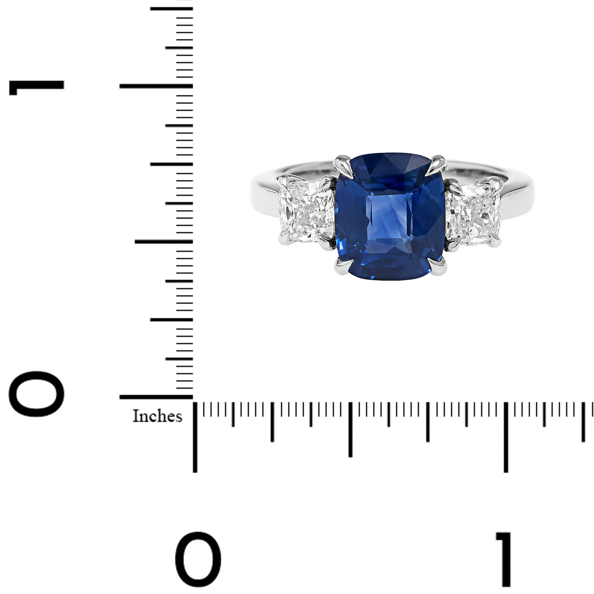 Platinum Three Stone Cushion Shaped Sapphire and Diamond Ring - Image 4