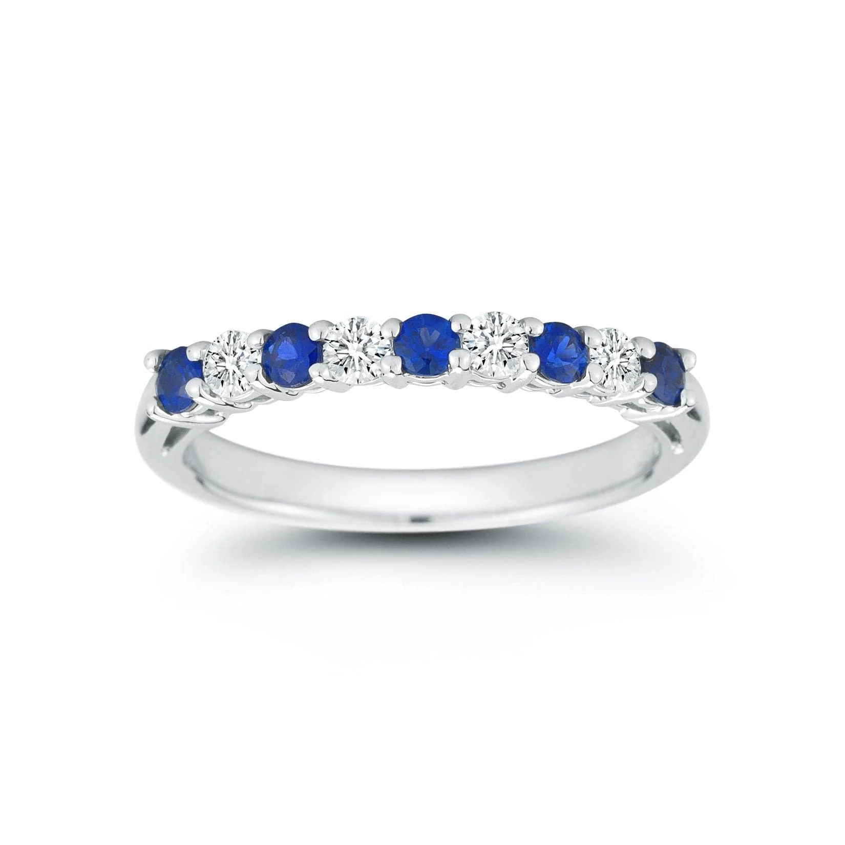 Platinum 9 Stone Alternating Diamond and Sapphire Wedding Ring - Image 2