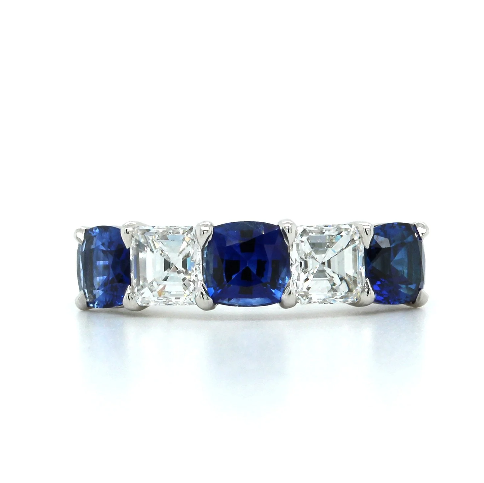 Platinum 5 Stone Cushion Sapphire Alternating Asscher Diamond Band - Image 4