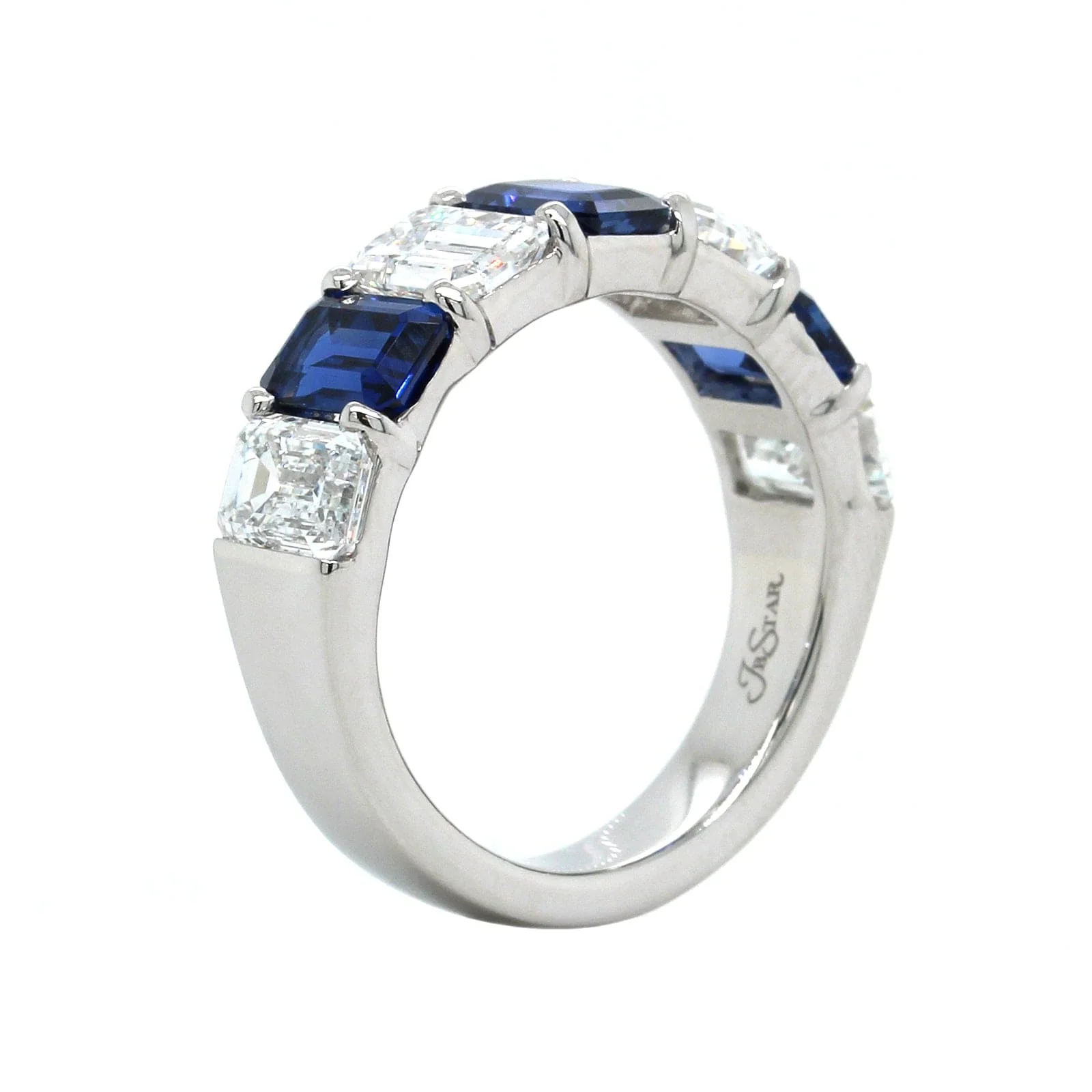 Platinum 7 Stone Emerald Cut Sapphire and Diamond Band - Image 3