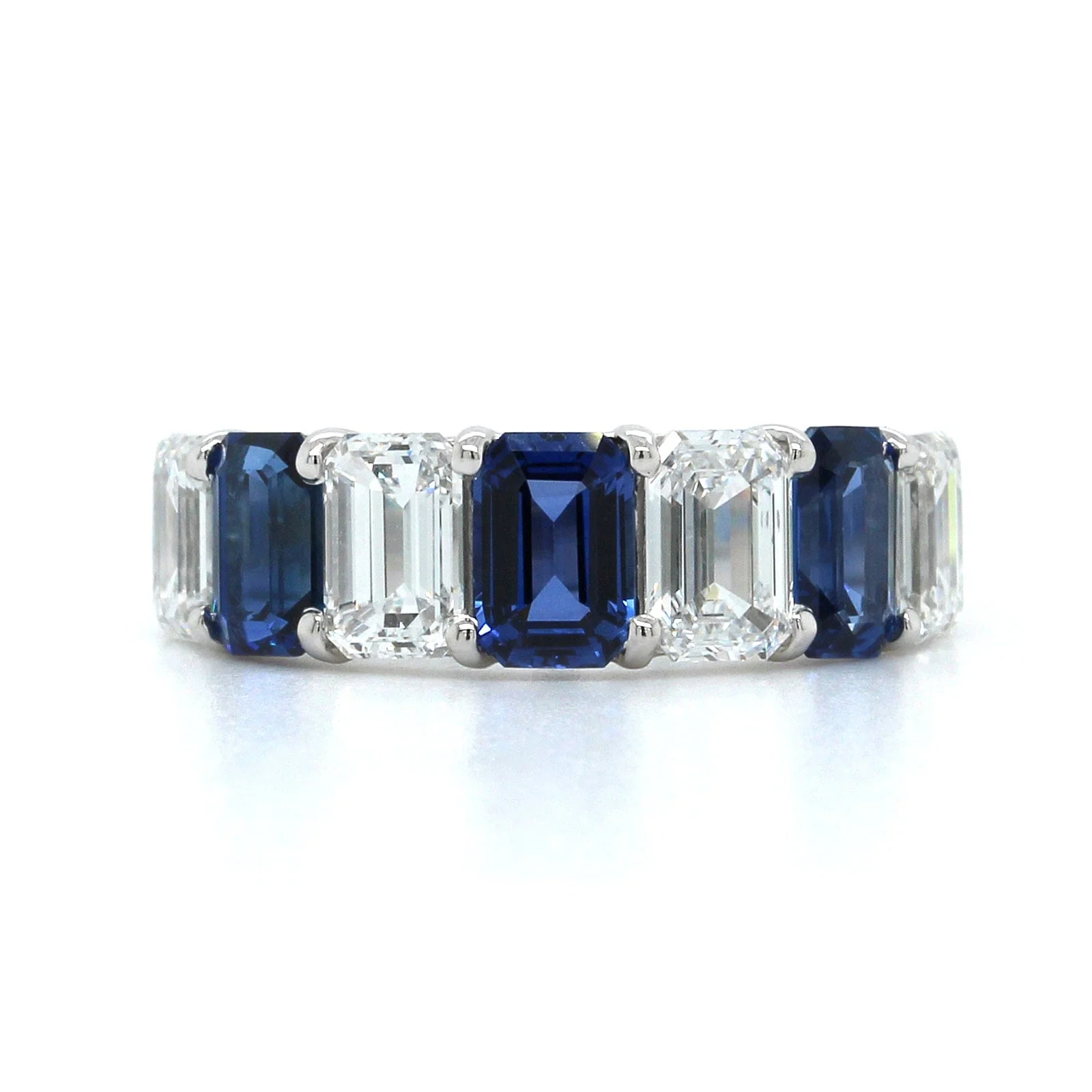 Platinum 7 Stone Emerald Cut Sapphire and Diamond Band - Image 5