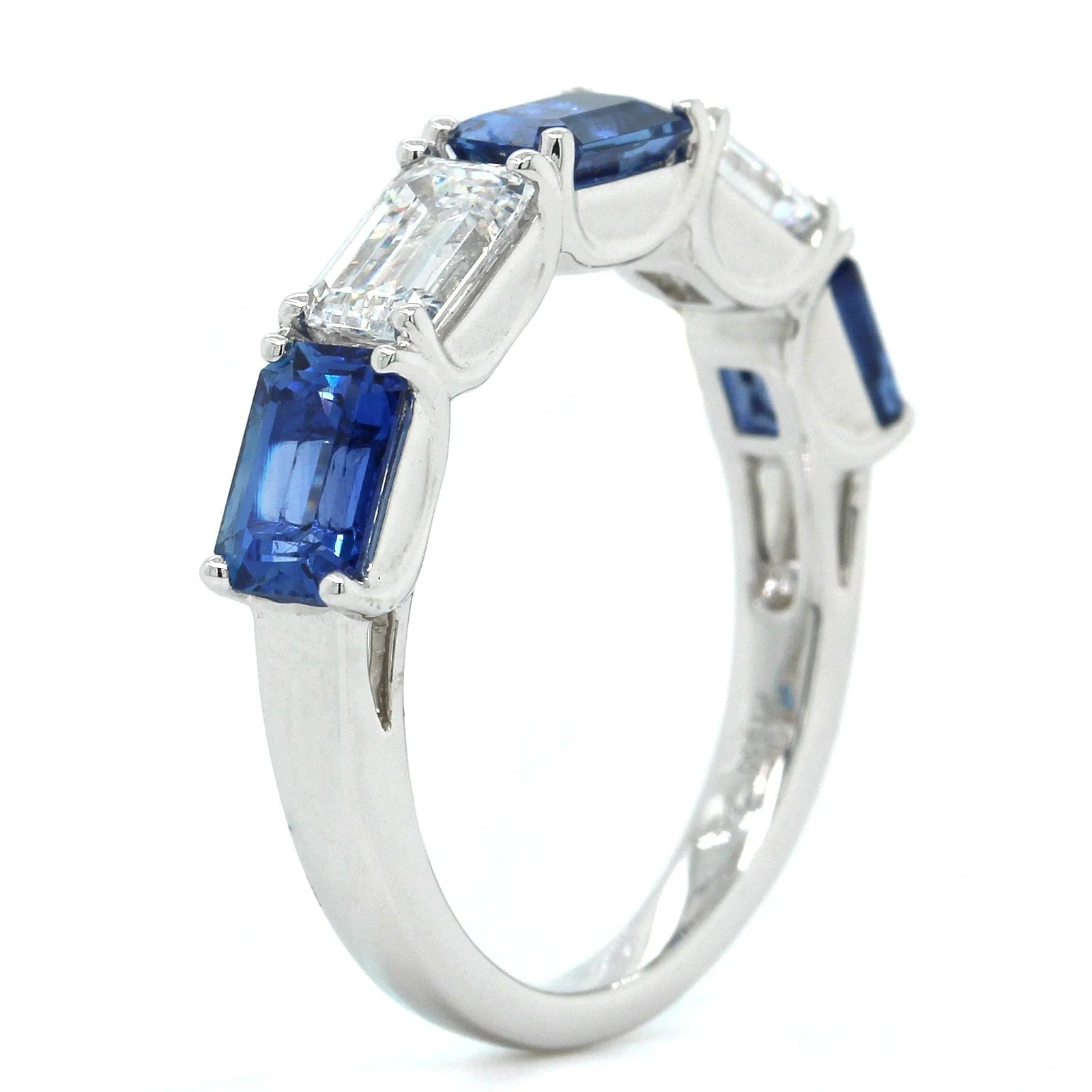 Platinum 5 Stone Emerald Cut Sapphire and Diamond Band - Image 2