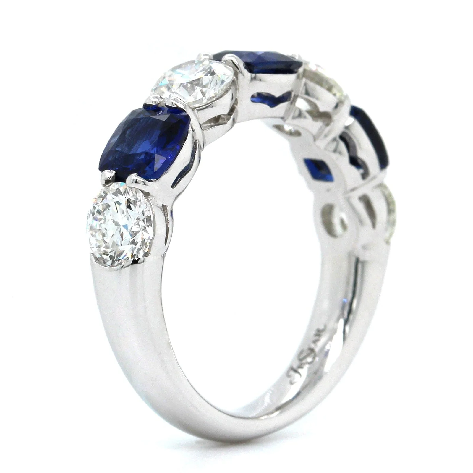 Platinum 7 Stone Cushion Sapphire and Round Diamond Band - Image 2