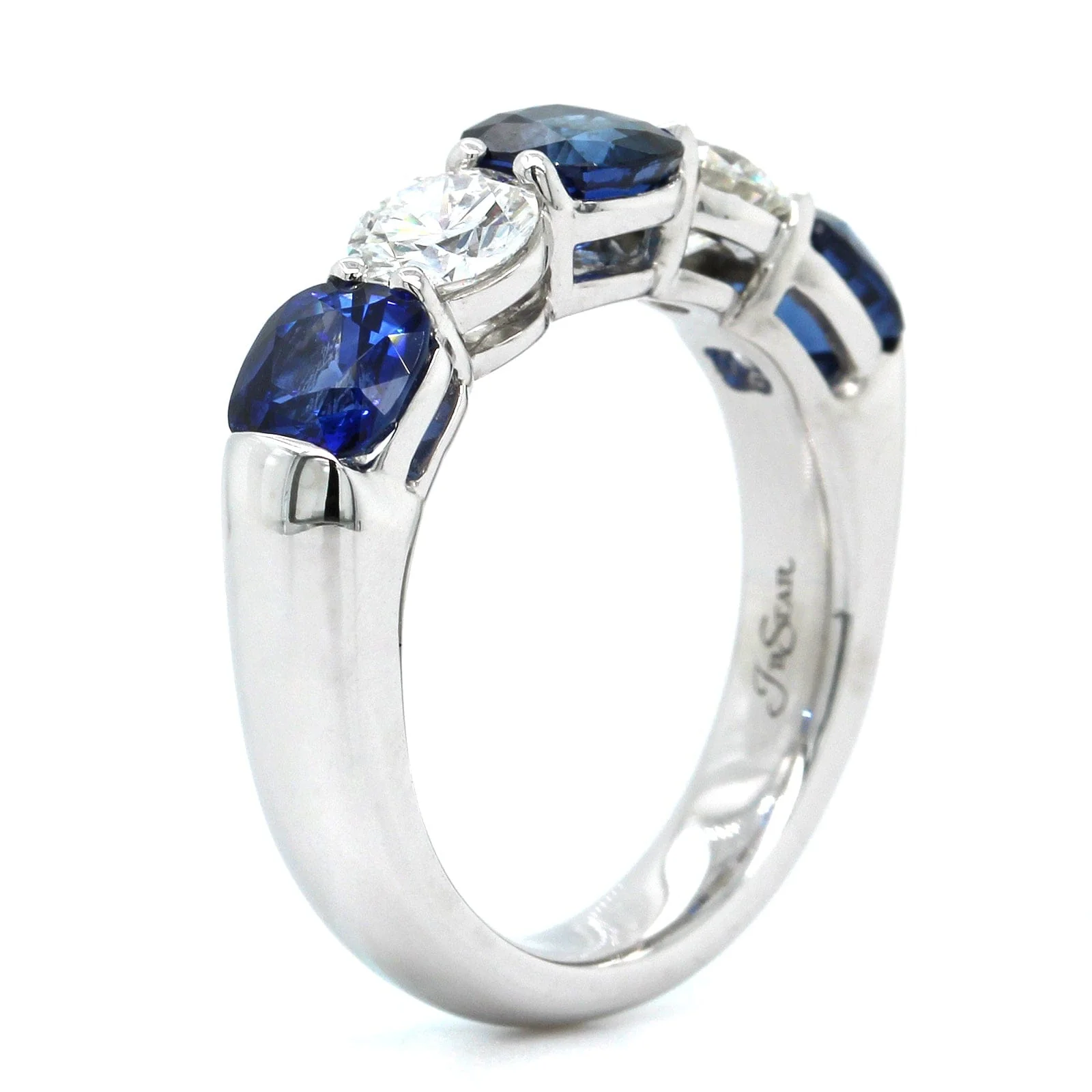 Platinum 5 Stone Cushion Sapphire and Round Diamond Band - Image 2