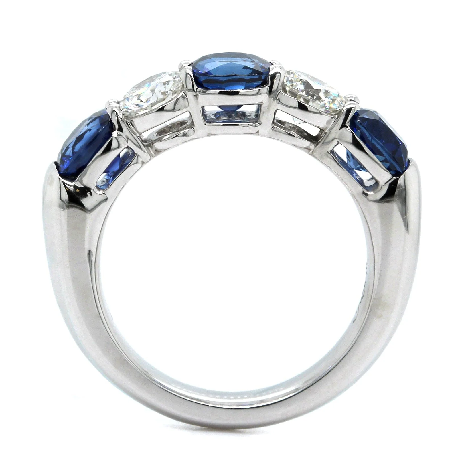 Platinum 5 Stone Cushion Sapphire and Round Diamond Band - Image 3