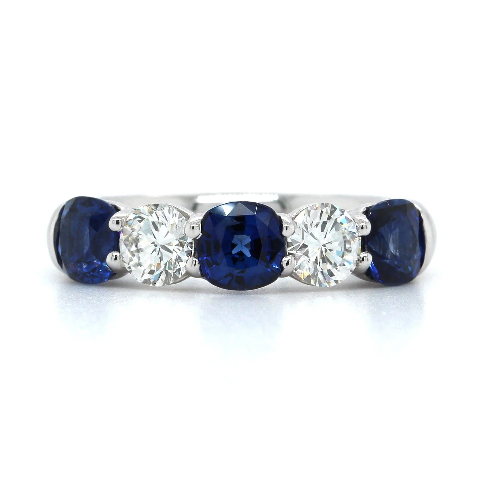 Platinum 5 Stone Cushion Sapphire and Round Diamond Band - Image 4