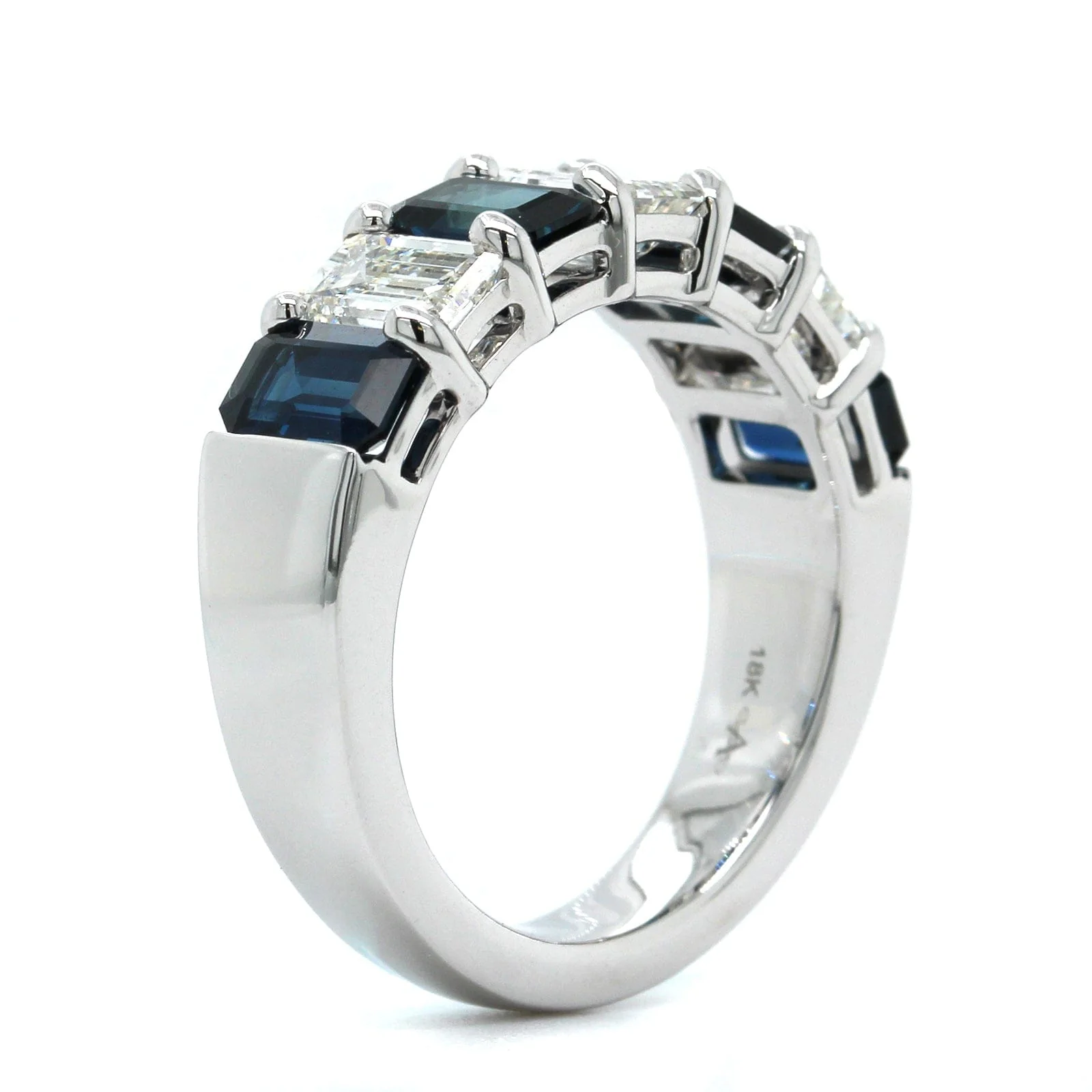 18K White Gold Emerald Cut Sapphire and Diamond Shared Prong Band - Image 2
