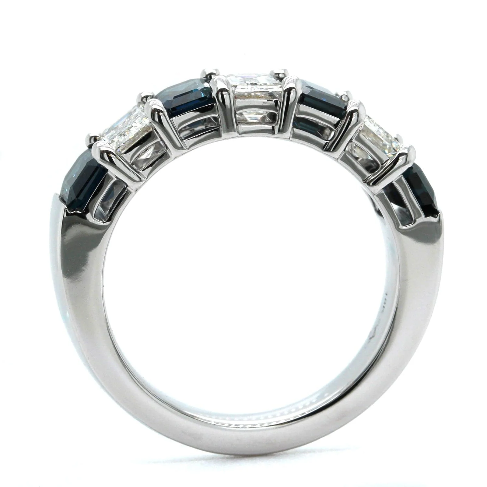 18K White Gold Emerald Cut Sapphire and Diamond Shared Prong Band - Image 3
