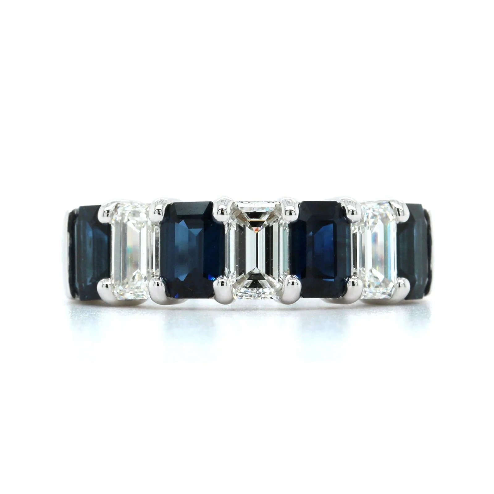 18K White Gold Emerald Cut Sapphire and Diamond Shared Prong Band - Image 5