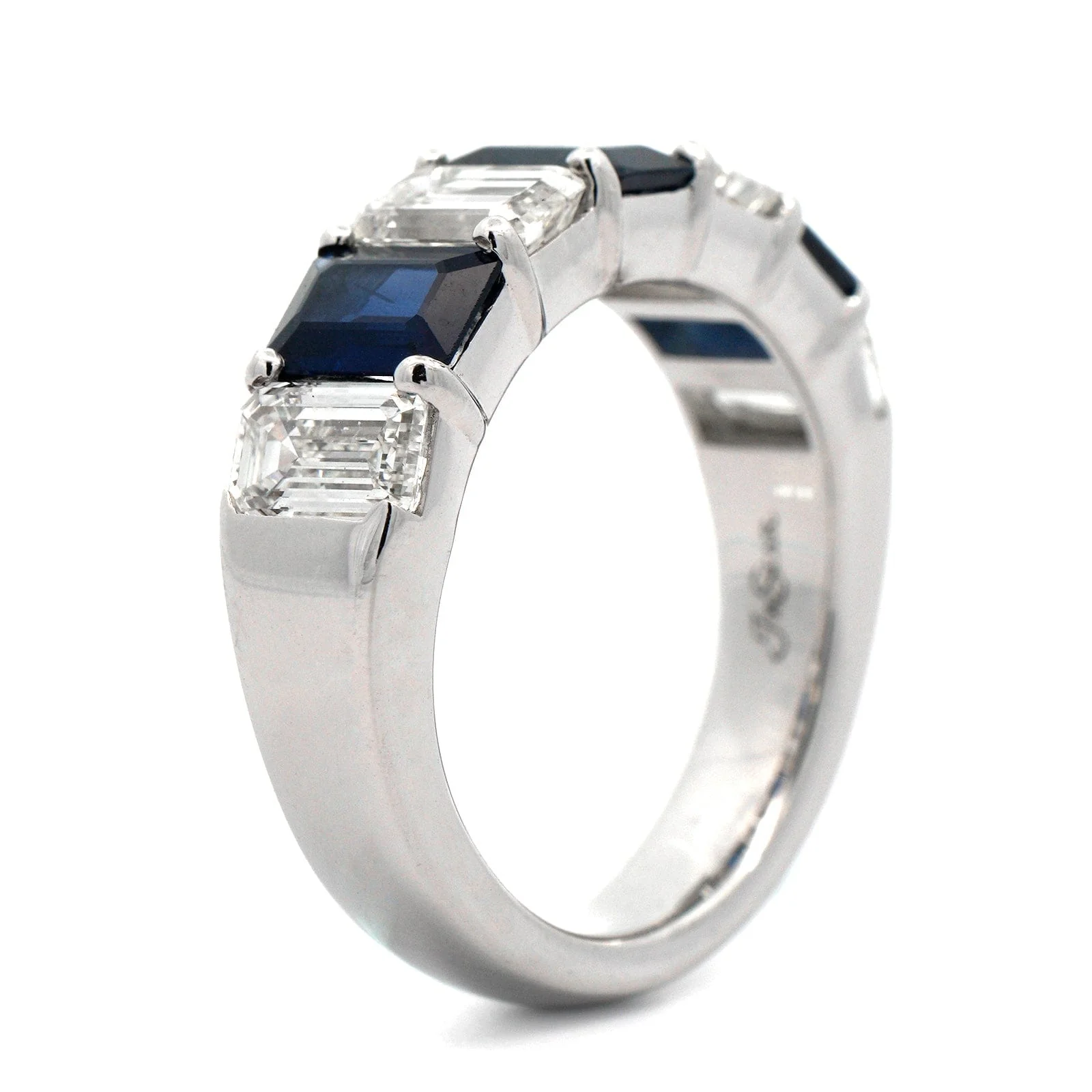 Platinum Shared Prong Alternating Emerald Cut Diamond and Sapphire Band - Image 2