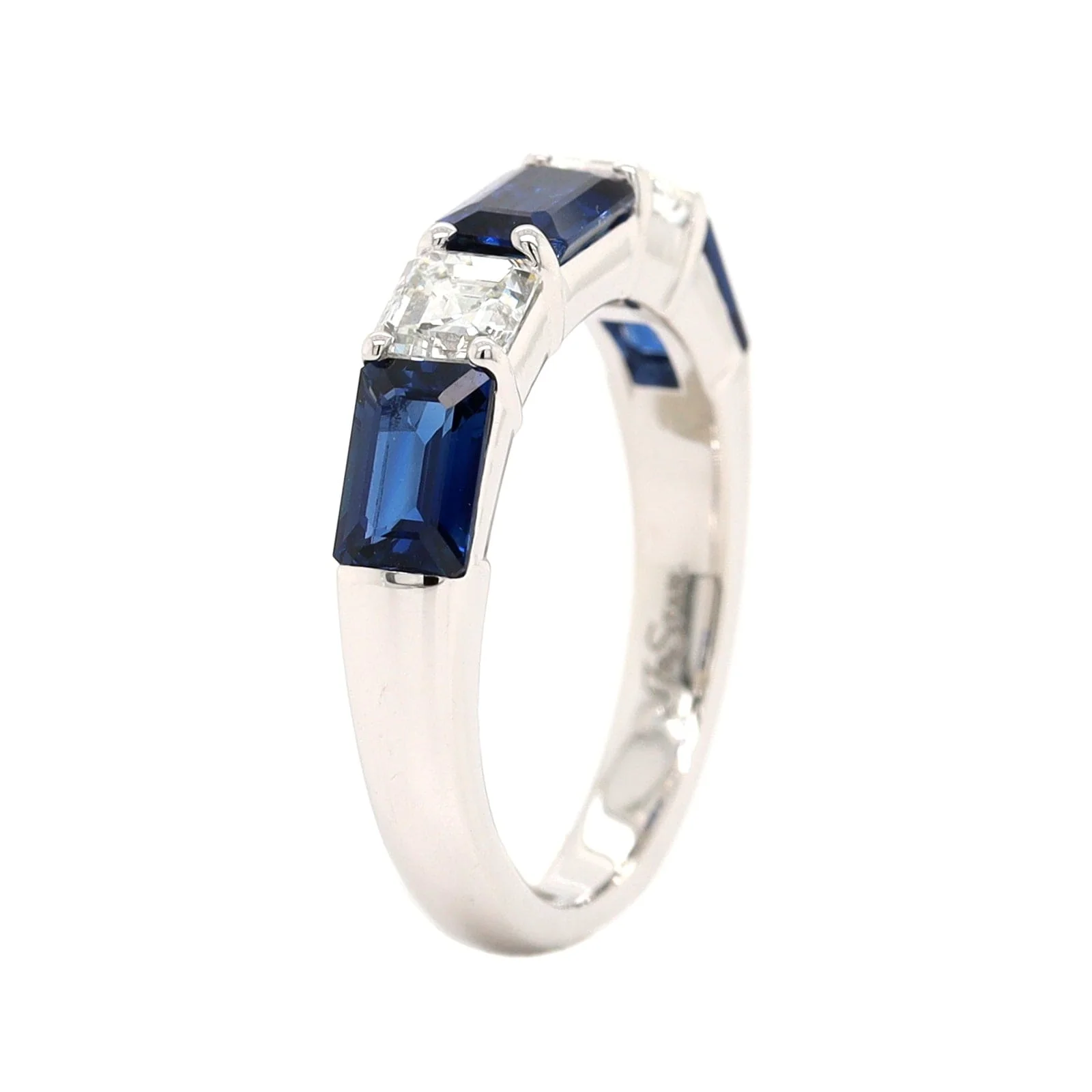 Platinum 5 Stone Alternating Emerald Cut Diamond and Sapphire Band - Image 2