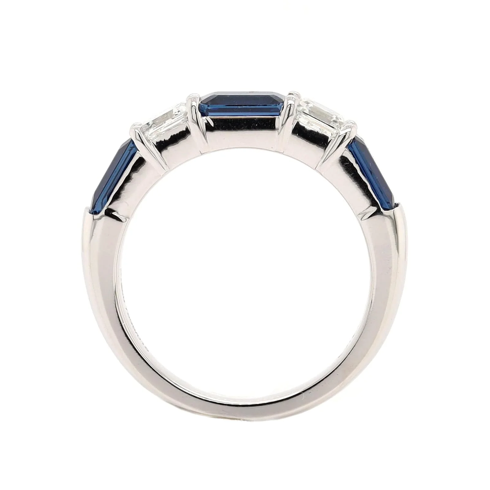 Platinum 5 Stone Alternating Emerald Cut Diamond and Sapphire Band - Image 3