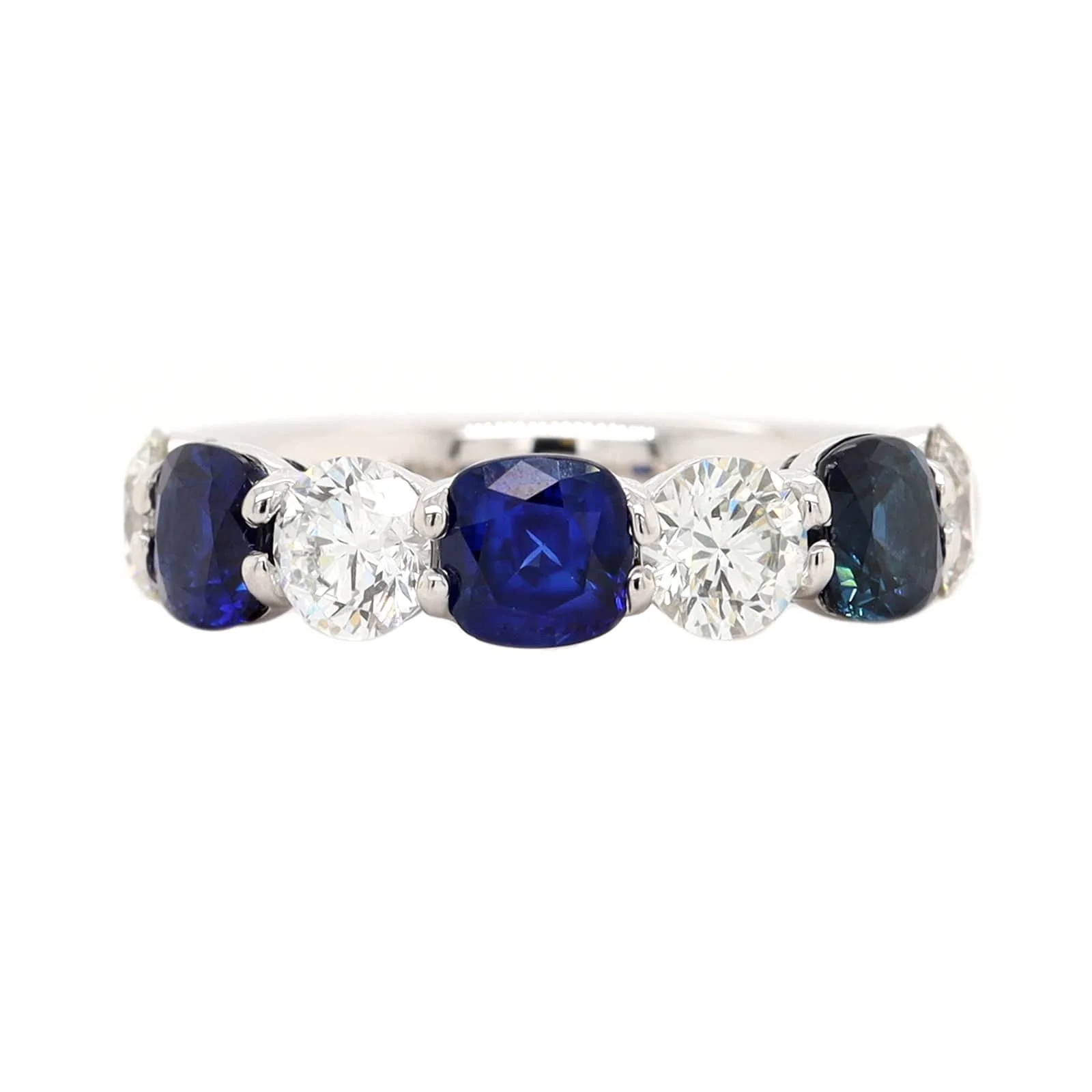 Platinum 7 Stone Alternating Round Diamond and Cushion Cut Sapphire Band - Image 5