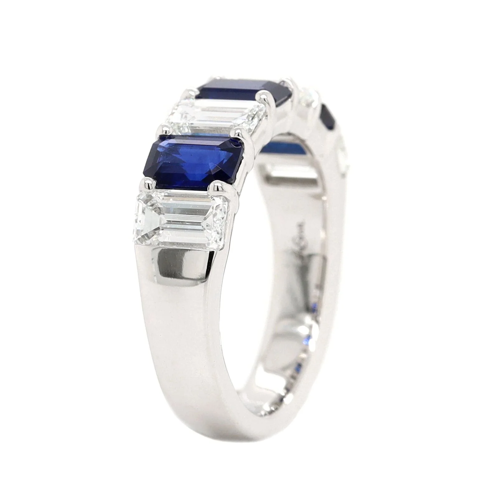 Platinum 7 Stone Alternating Emerald Cut Diamond and Sapphire Band - Image 2