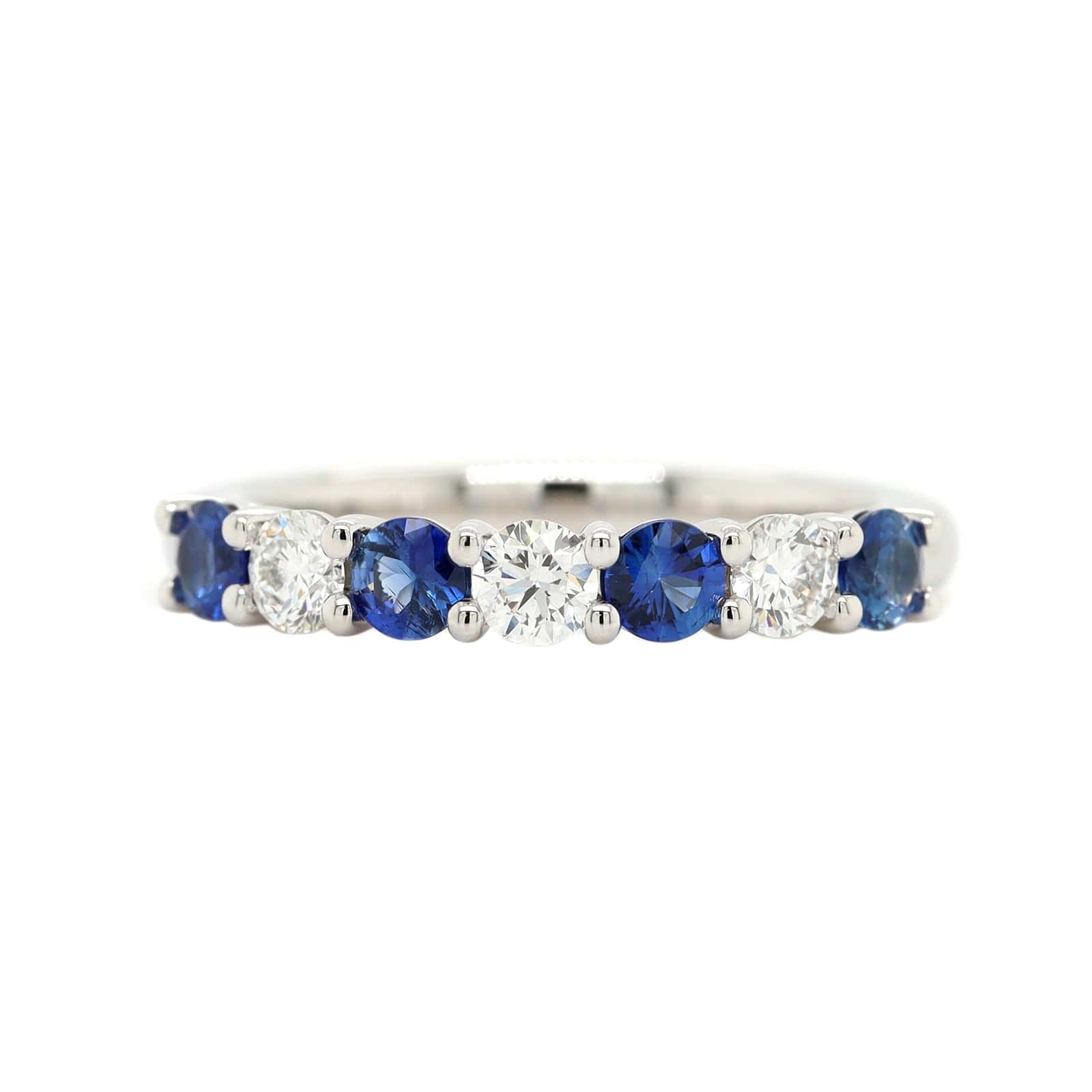 Platinum 7 Stone Alternating Round Sapphire and Diamond Band - Image 5