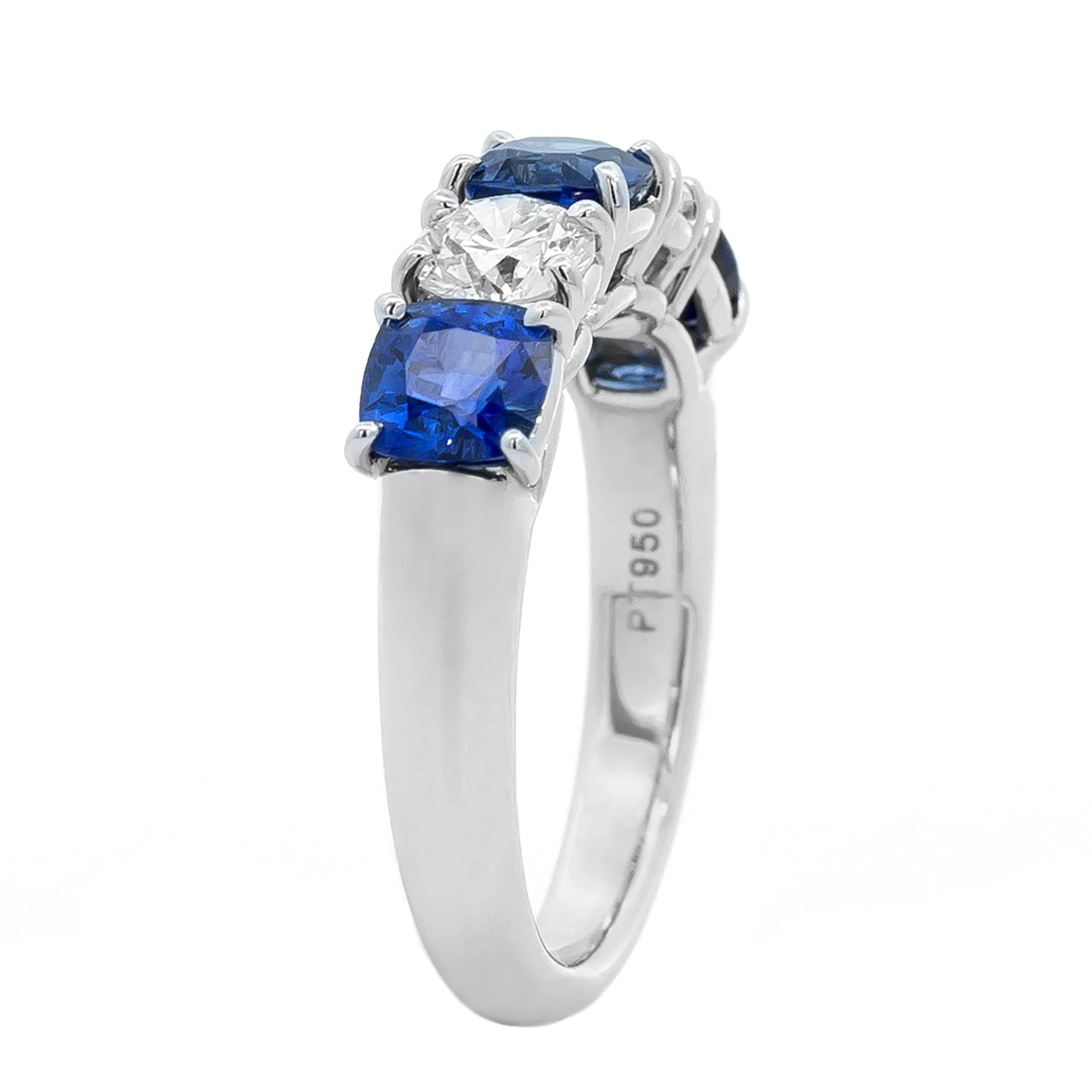 Platinum 5 Stone Shared Prong Alternating Round Diamond and Cushion Sapphire Band - Image 2