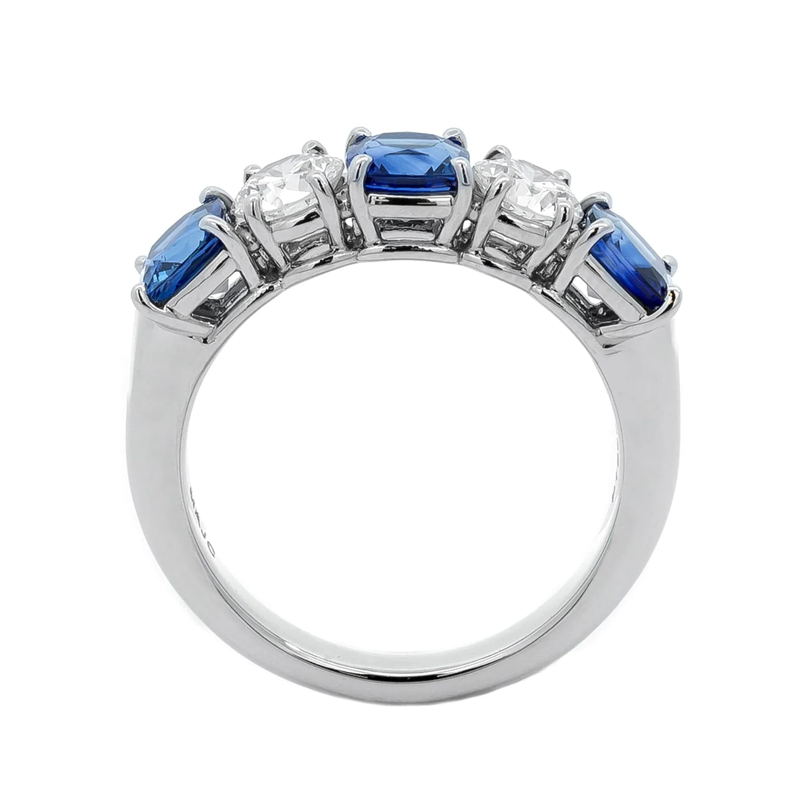 Platinum 5 Stone Shared Prong Alternating Round Diamond and Cushion Sapphire Band - Image 3