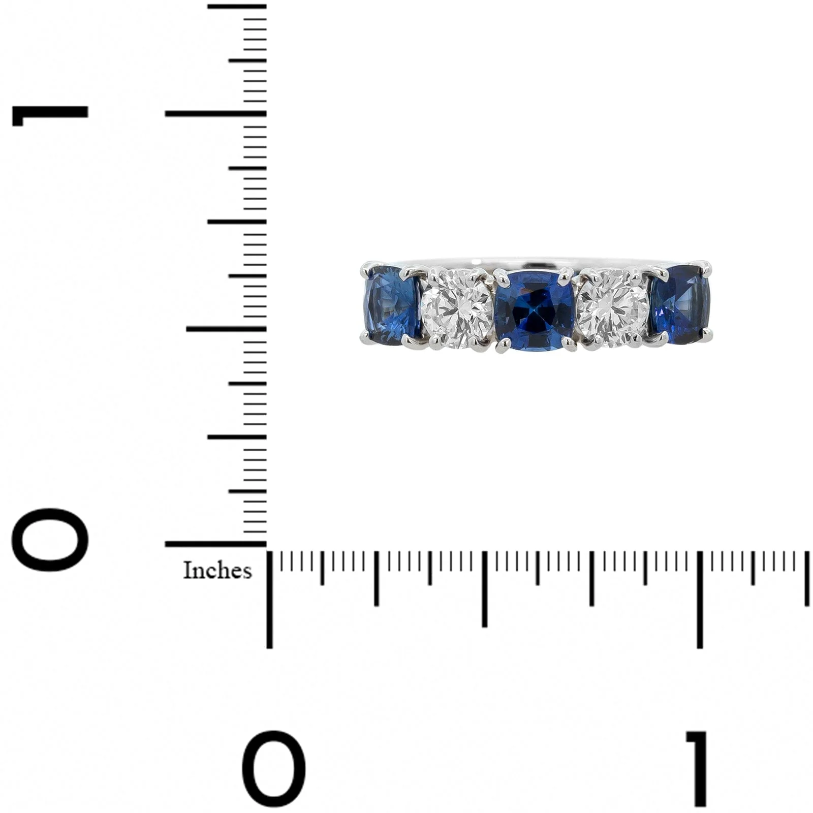 Platinum 5 Stone Shared Prong Alternating Round Diamond and Cushion Sapphire Band - Image 4