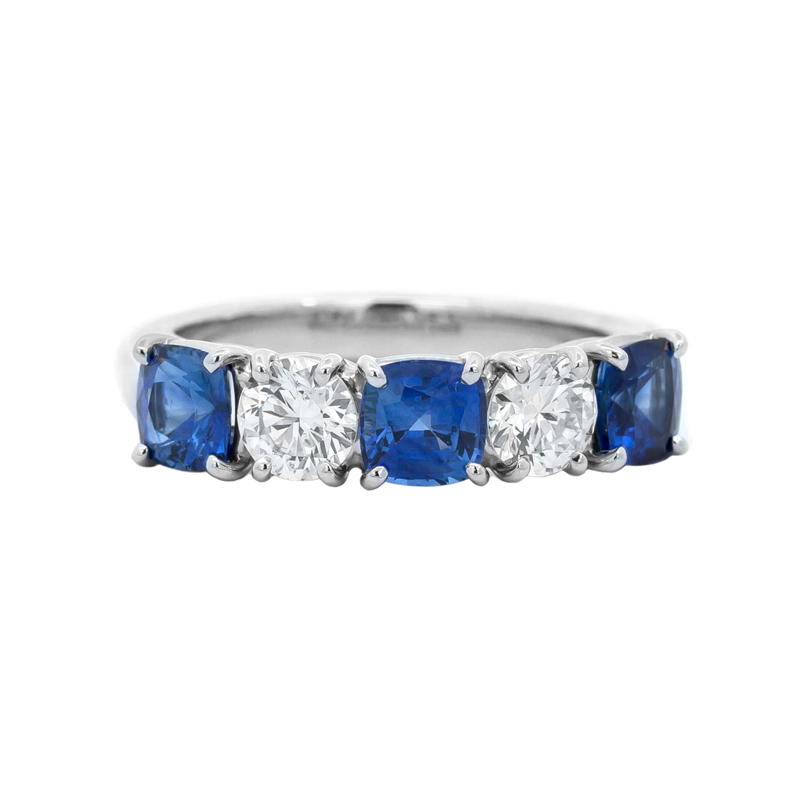 Platinum 5 Stone Shared Prong Alternating Round Diamond and Cushion Sapphire Band - Image 5