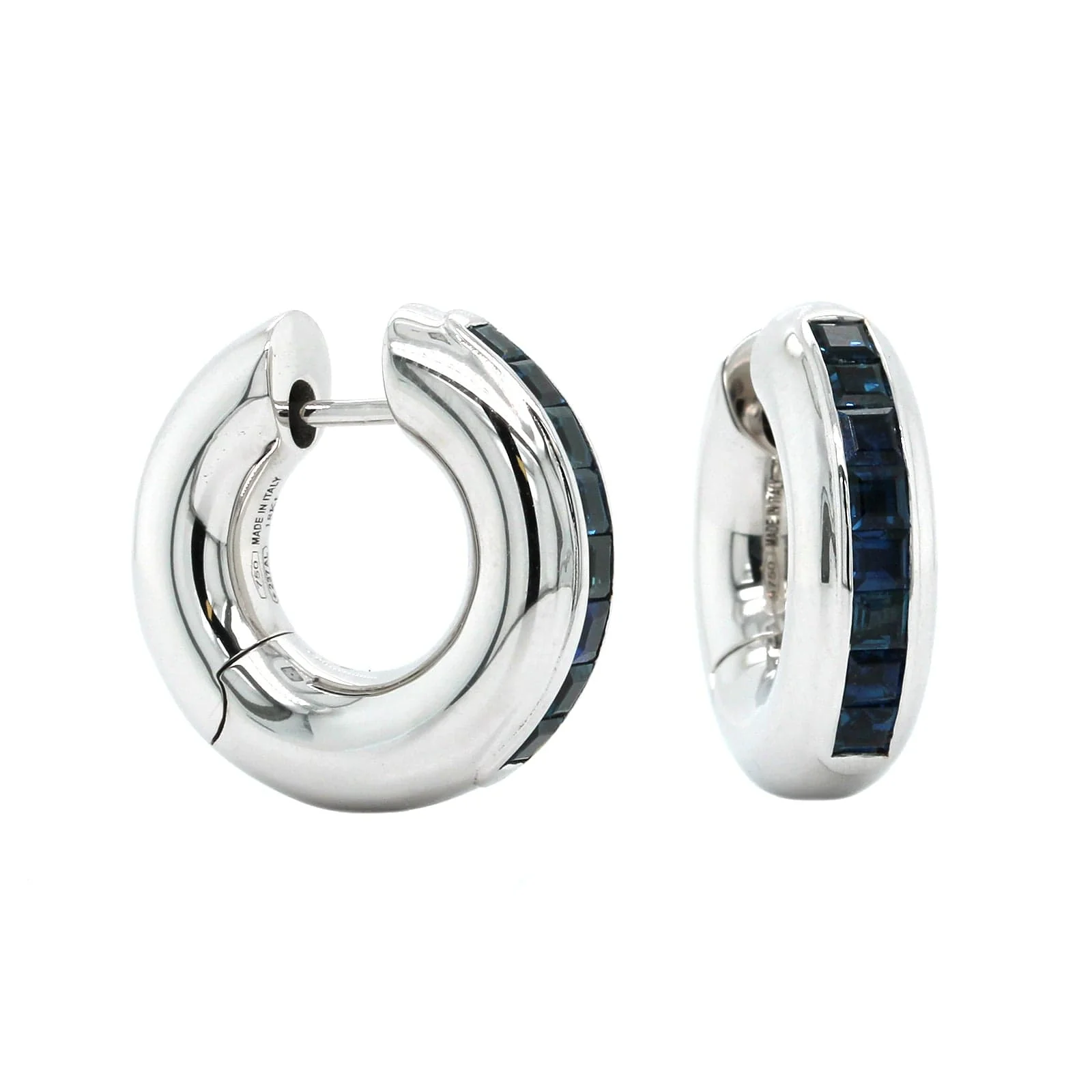 18K White Gold Channel Set Sapphire Huggie Earrings - Image 3