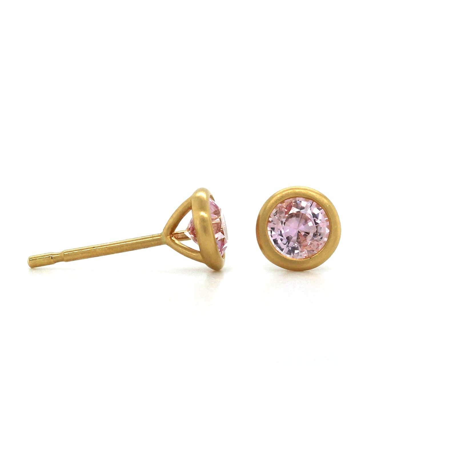 18K Yellow Gold Pink Sapphire Bezel Set Stud Earrings
