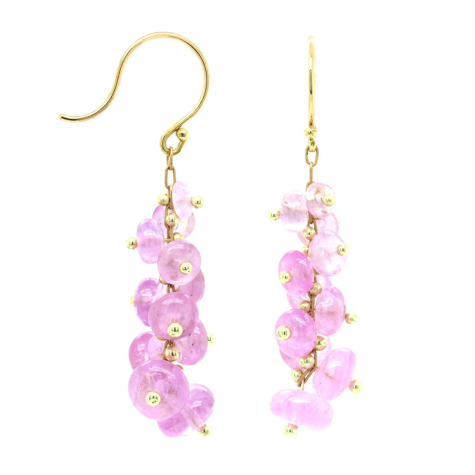 18K Yellow Gold Pink Sapphire Short Spiral Beaded Earrings - Image 3